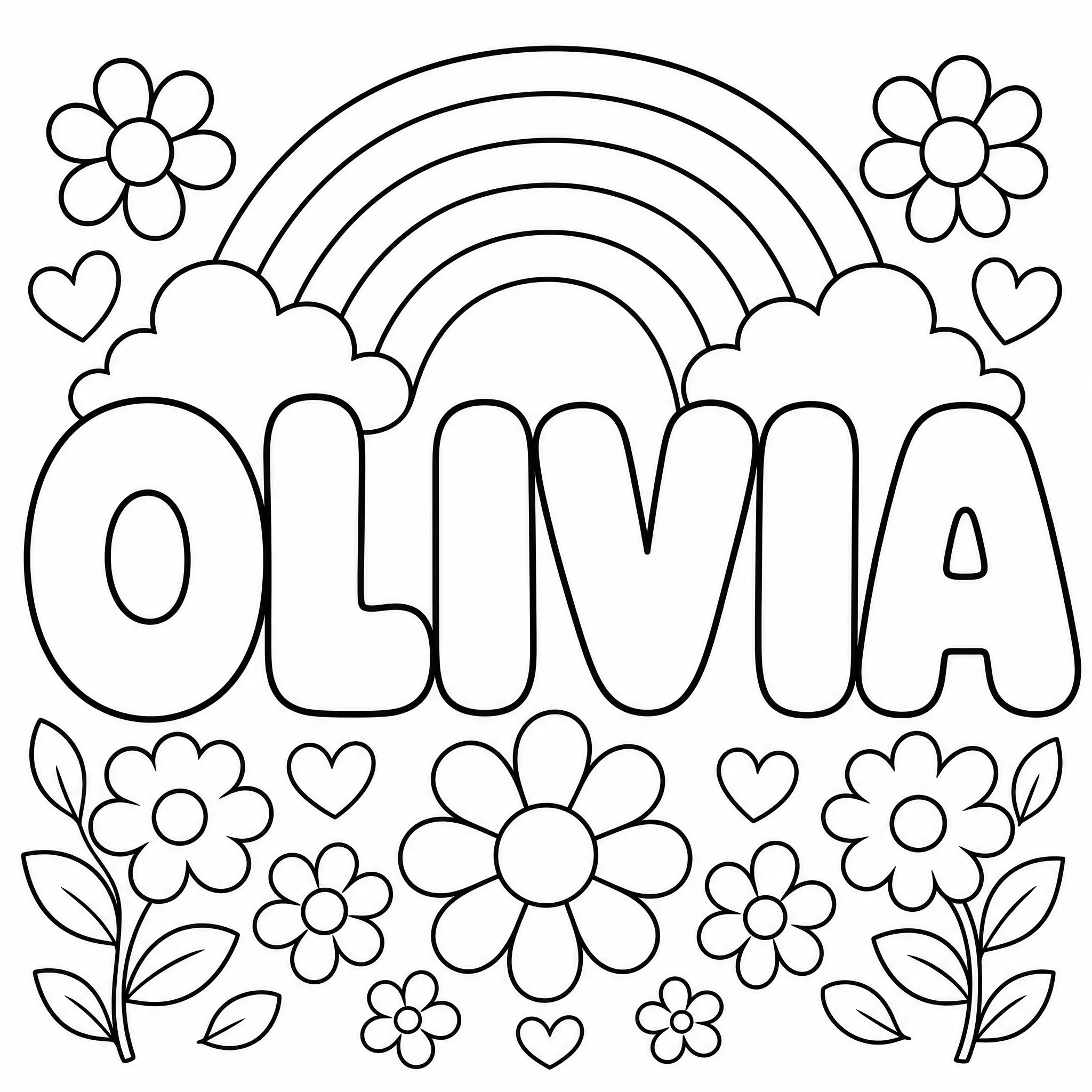 Ein Namen-Ausmalbild mit OLIVIA in Bubble-Buchstaben und Blumen