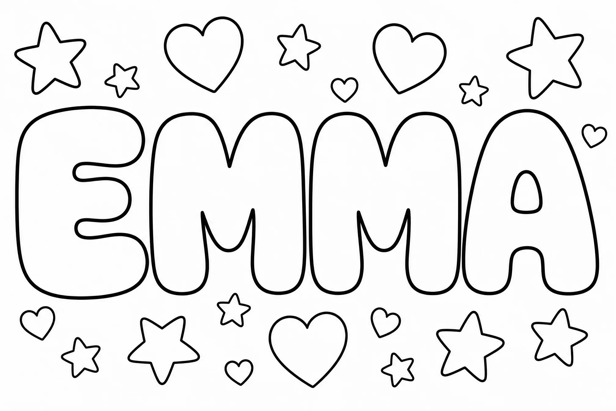 Der Name EMMA in Bubble-Buchstaben mit hinzugefügten Sternen und Herzen