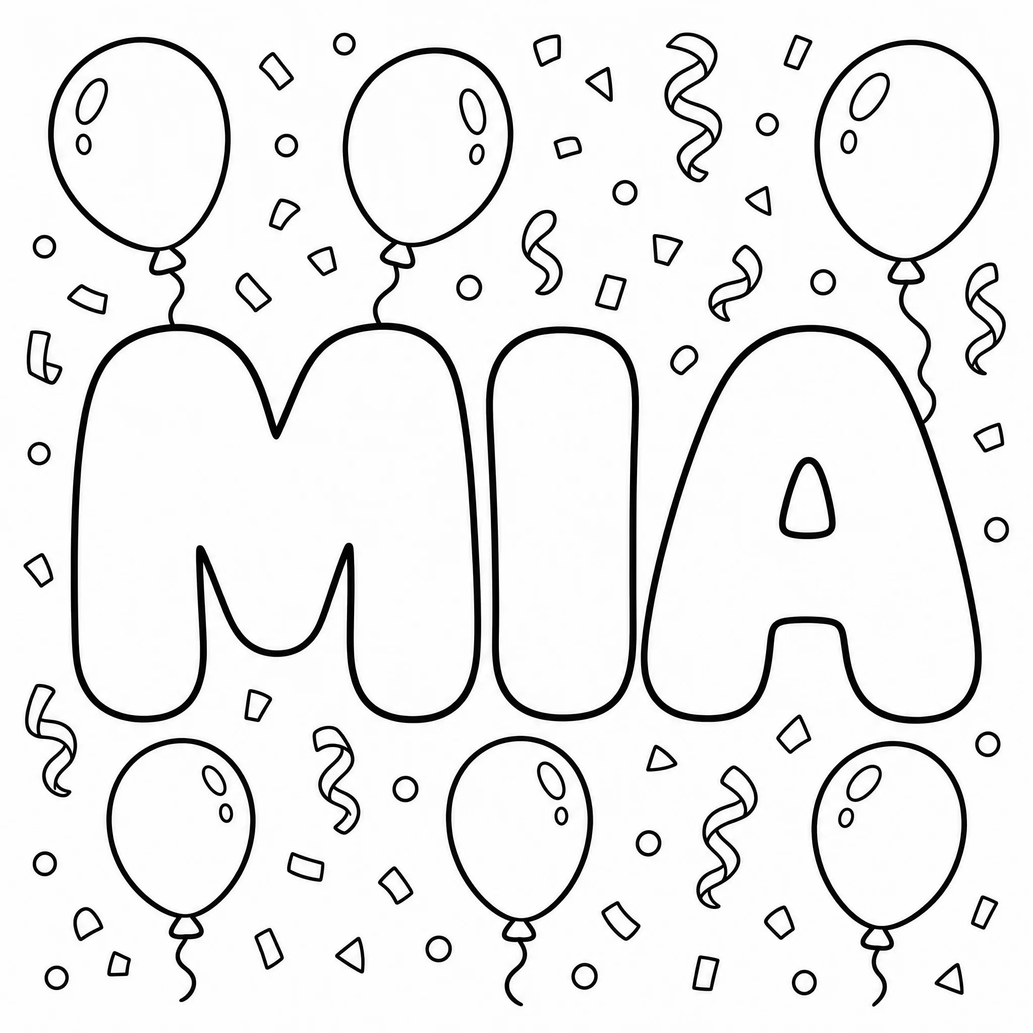 Der Name MIA in Bubble-Buchstaben mit Luftballons und Konfetti