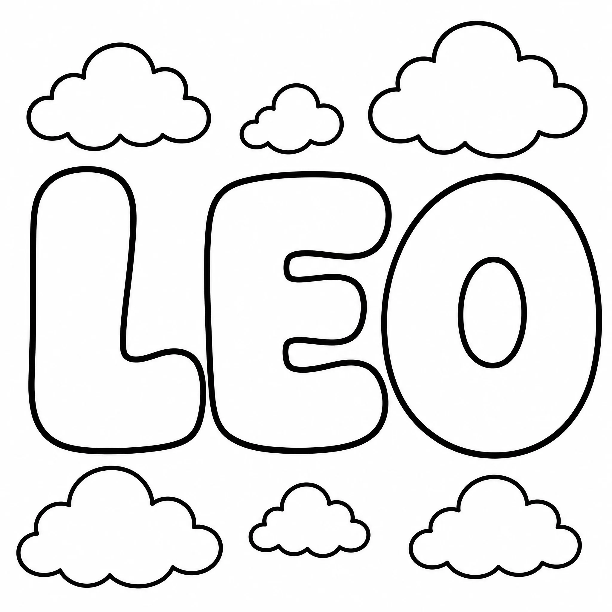 Der Name LEO in Bubble-Buchstaben mit kleinen Wolken