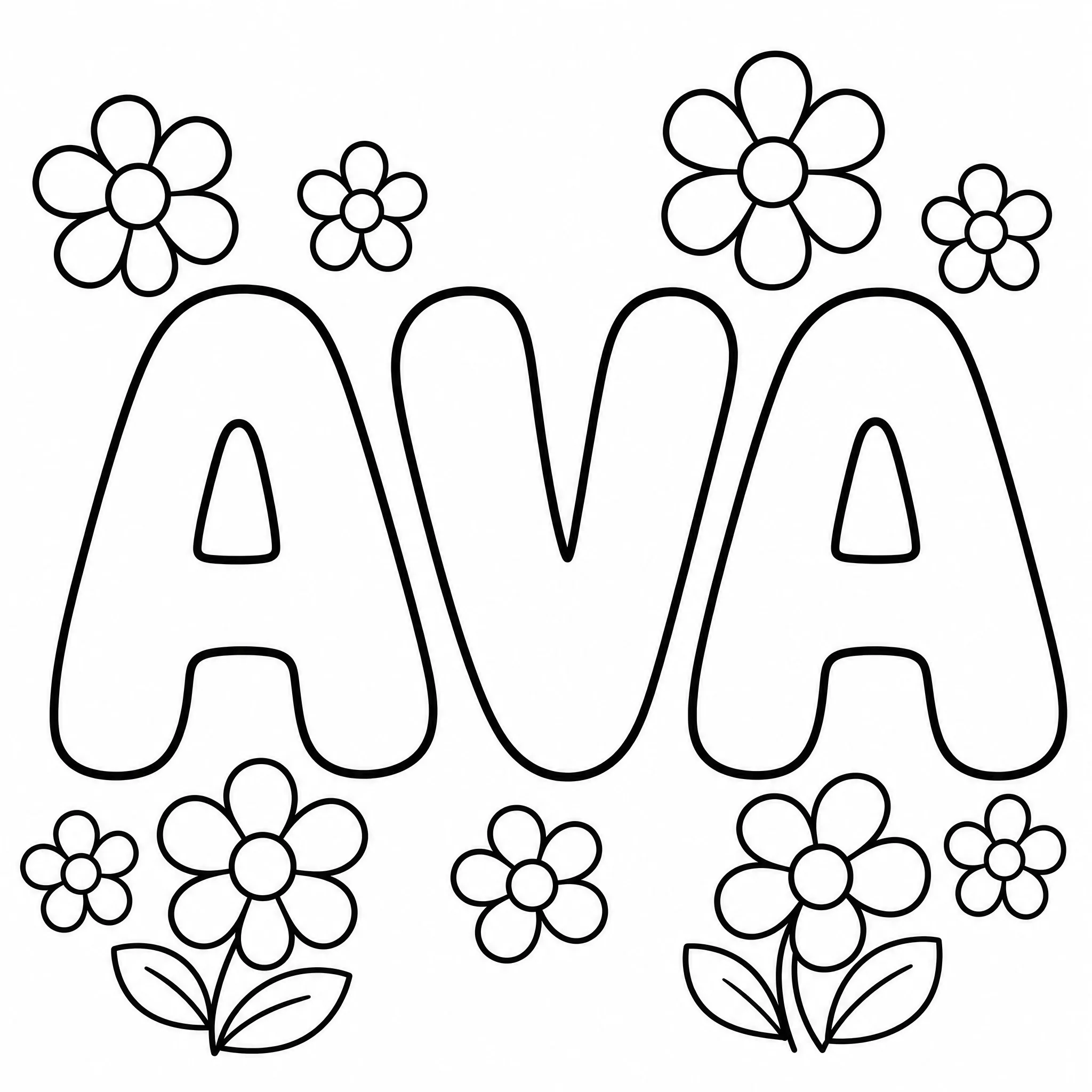 Der Name AVA in Bubble-Buchstaben mit kleinen Blumen