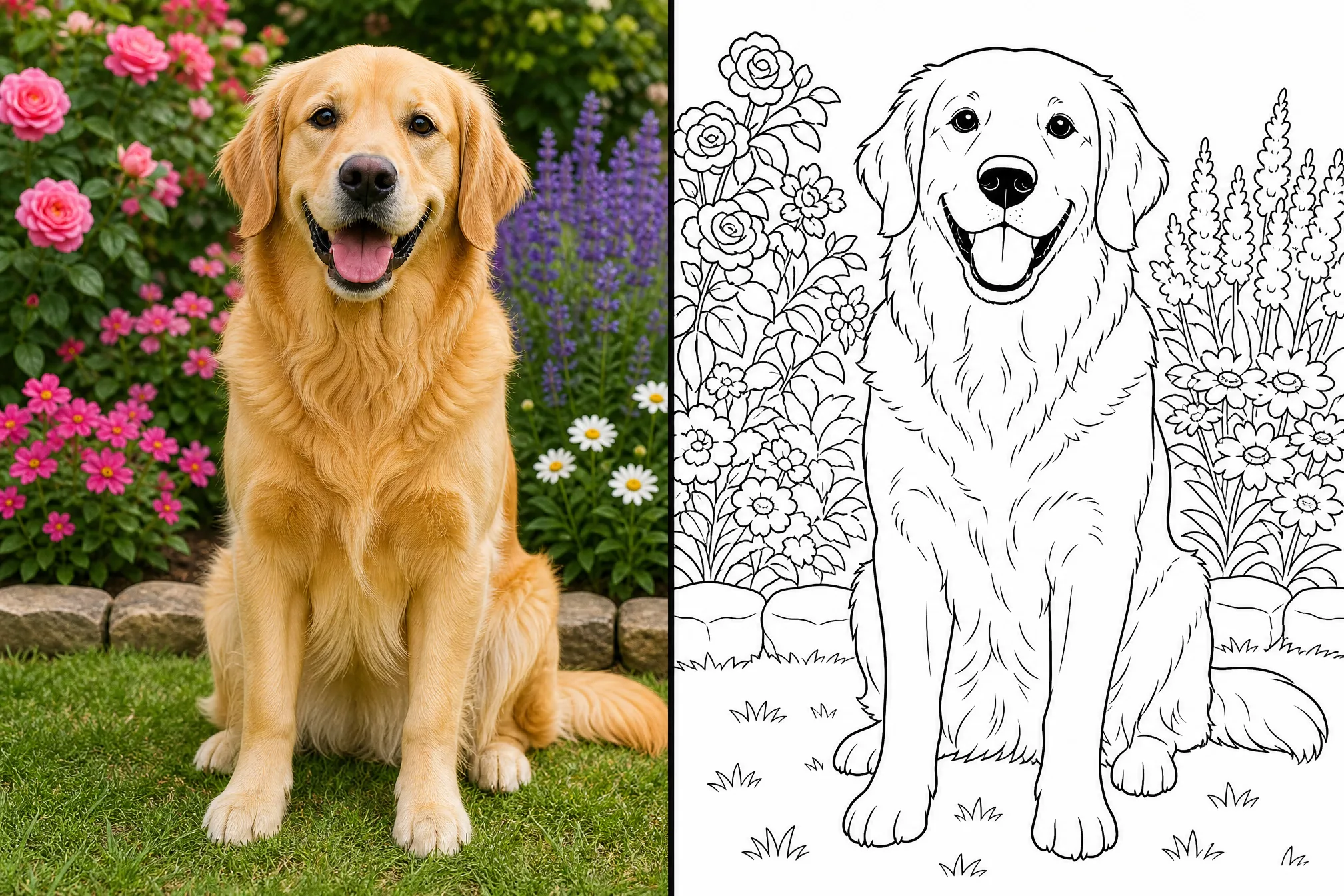 Vorher und nachher: links ein Hundefoto, rechts sein Ausmalbild