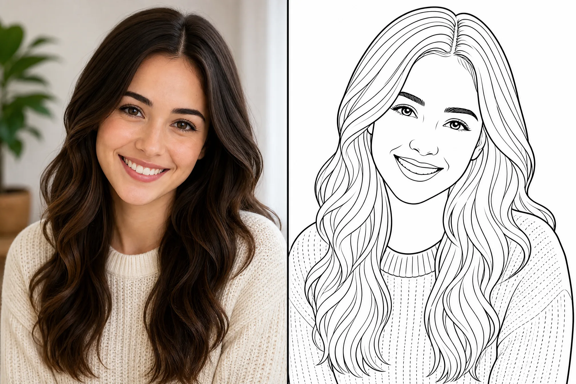 Before and after: a portrait photo on the left, its line art on the right