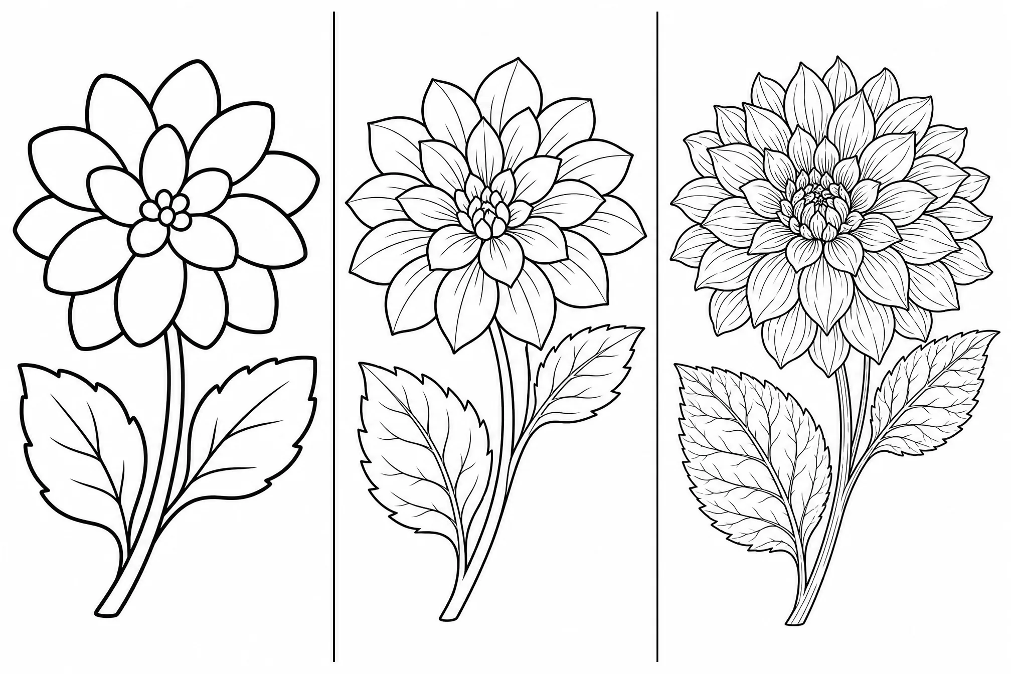 The same photo converted to line art at minimal, medium, and high detail levels