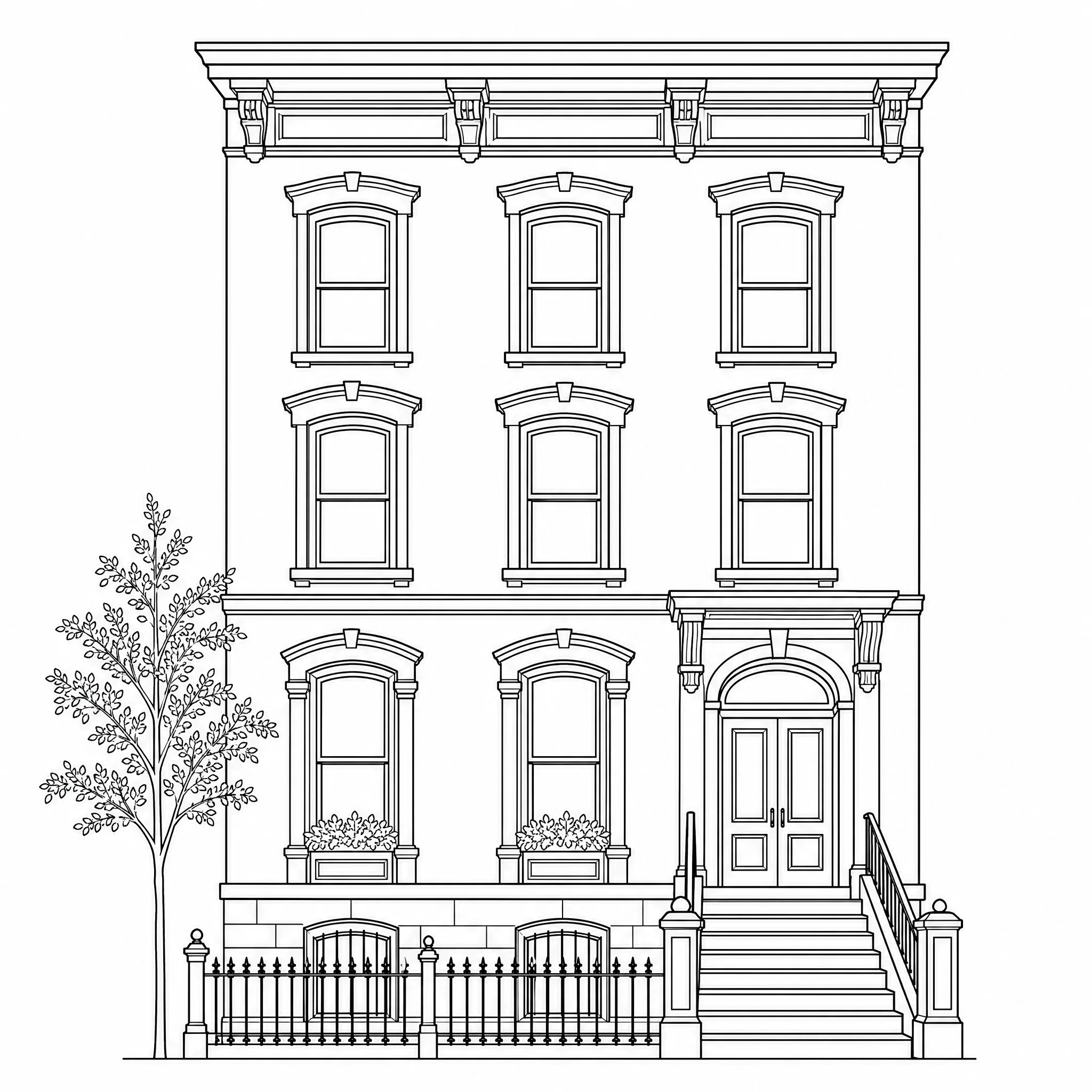 A photo of a building converted into architectural line art