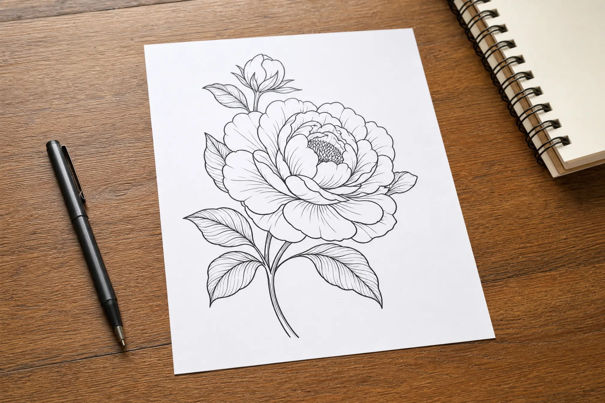 A printed line art drawing on a desk beside a tablet