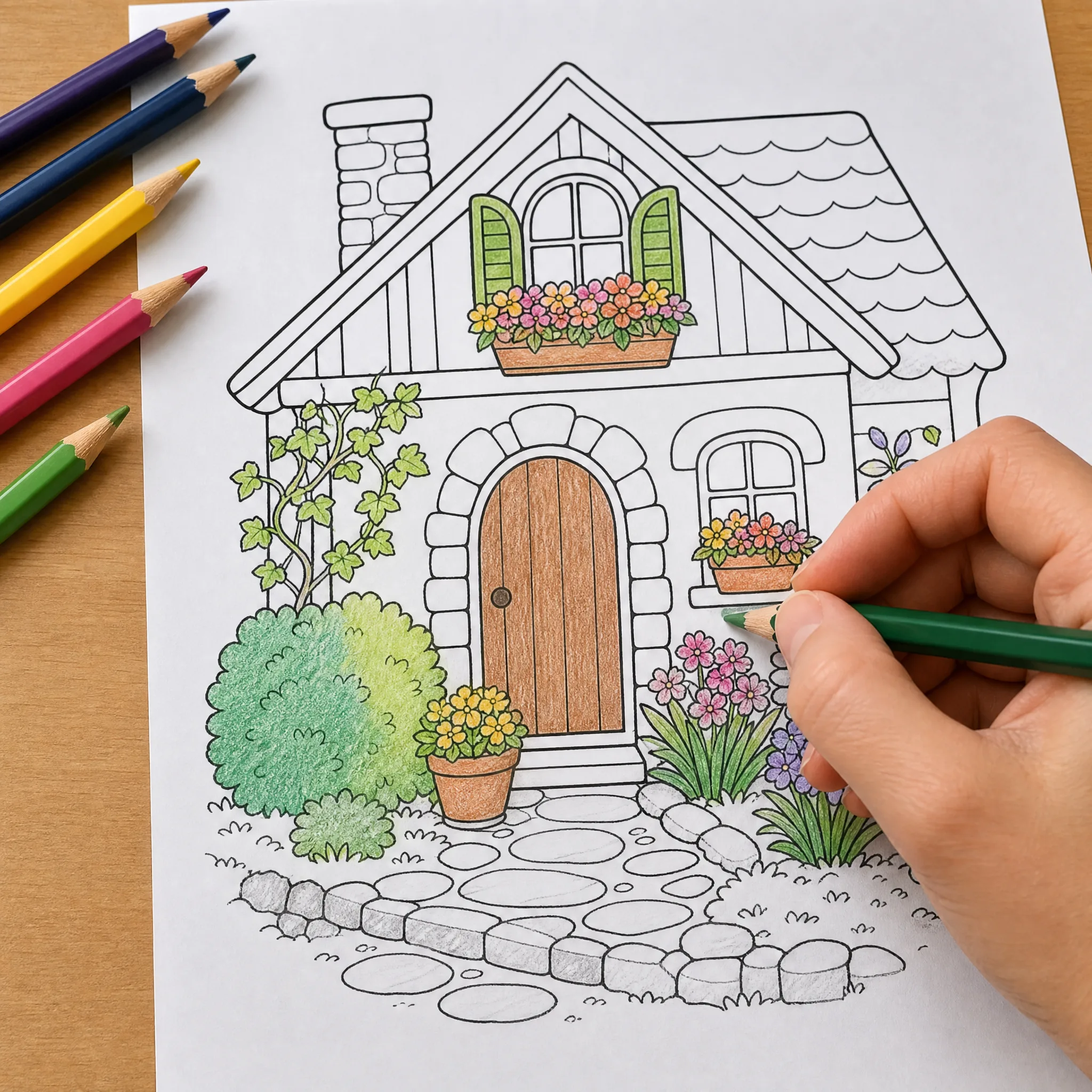 A line art drawing being colored in with pencils