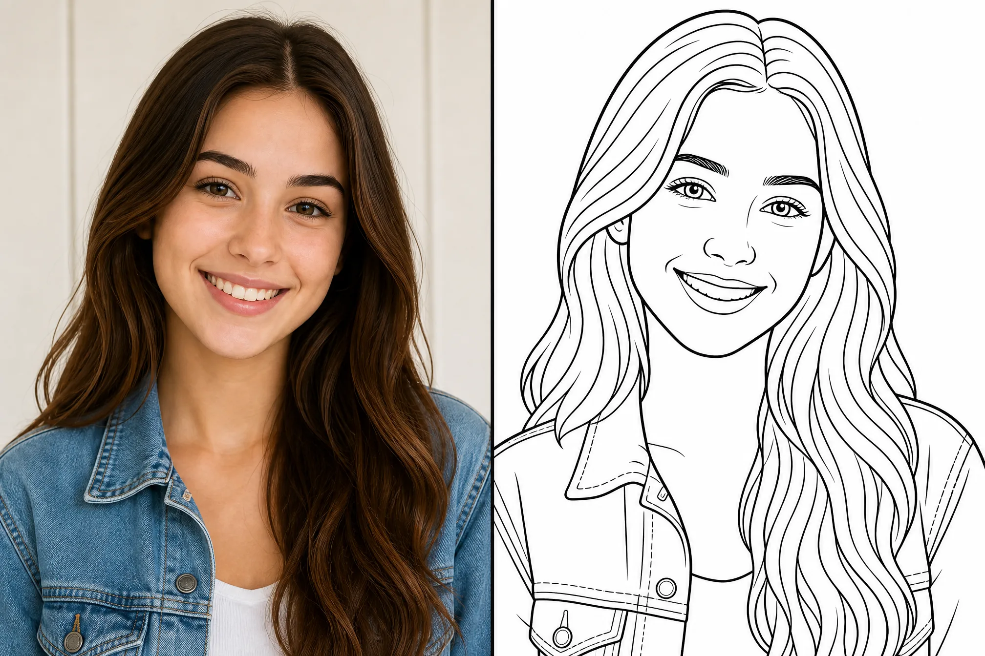 Before and after: a color photo on the left and its black-and-white line drawing on the right