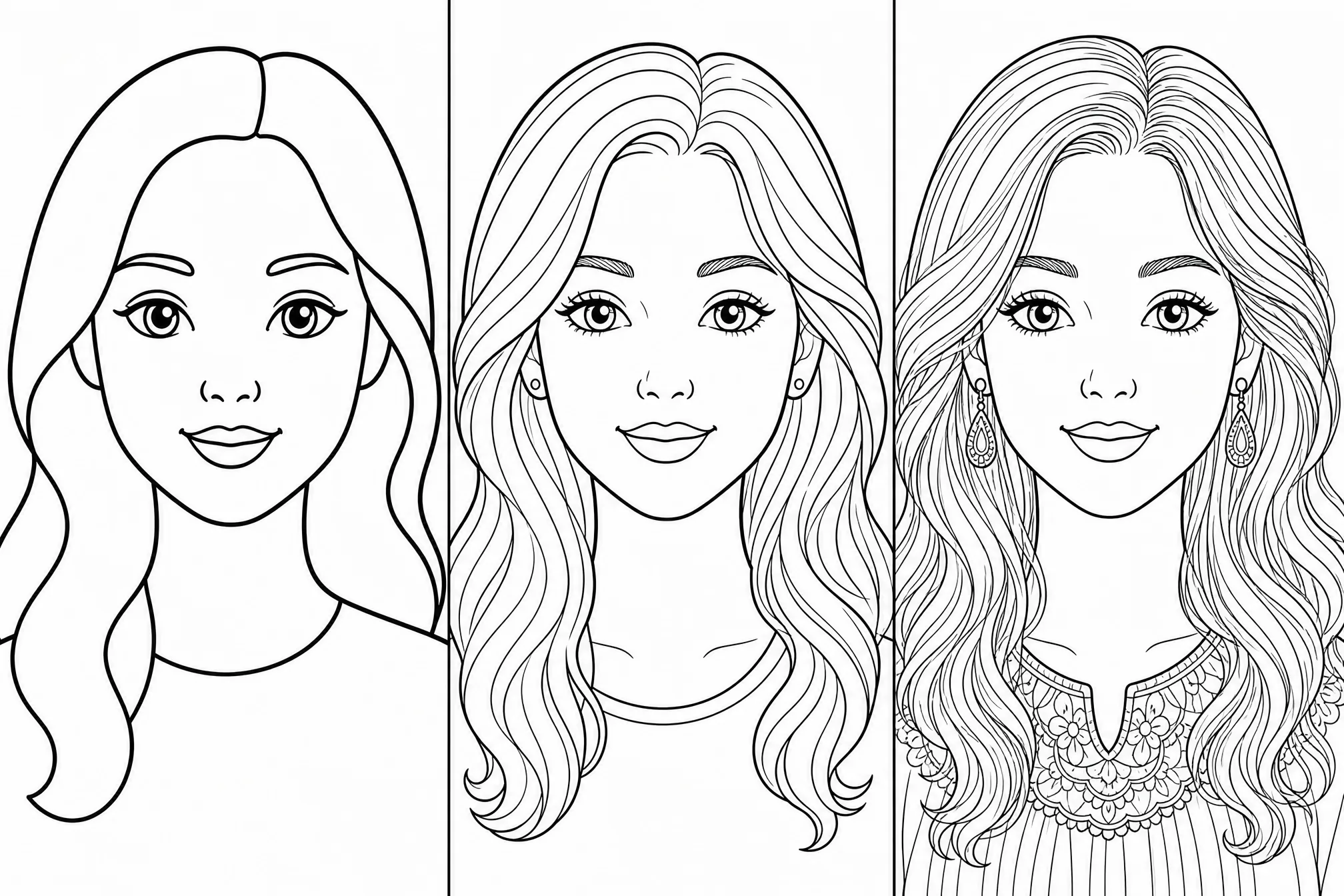 The same photo converted as minimal, medium, and fine-detail line drawings