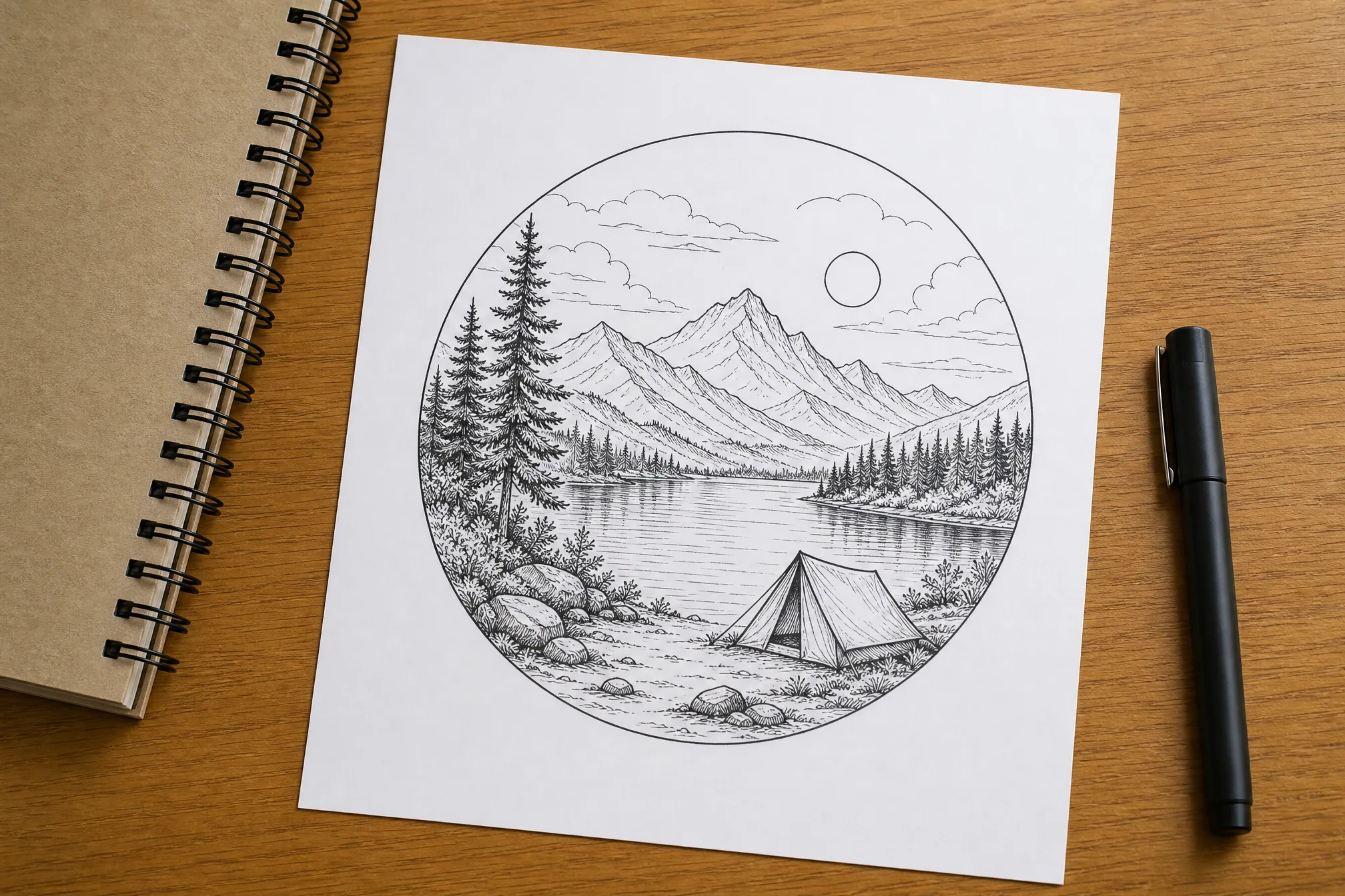 A printed line drawing from a photo on a desk