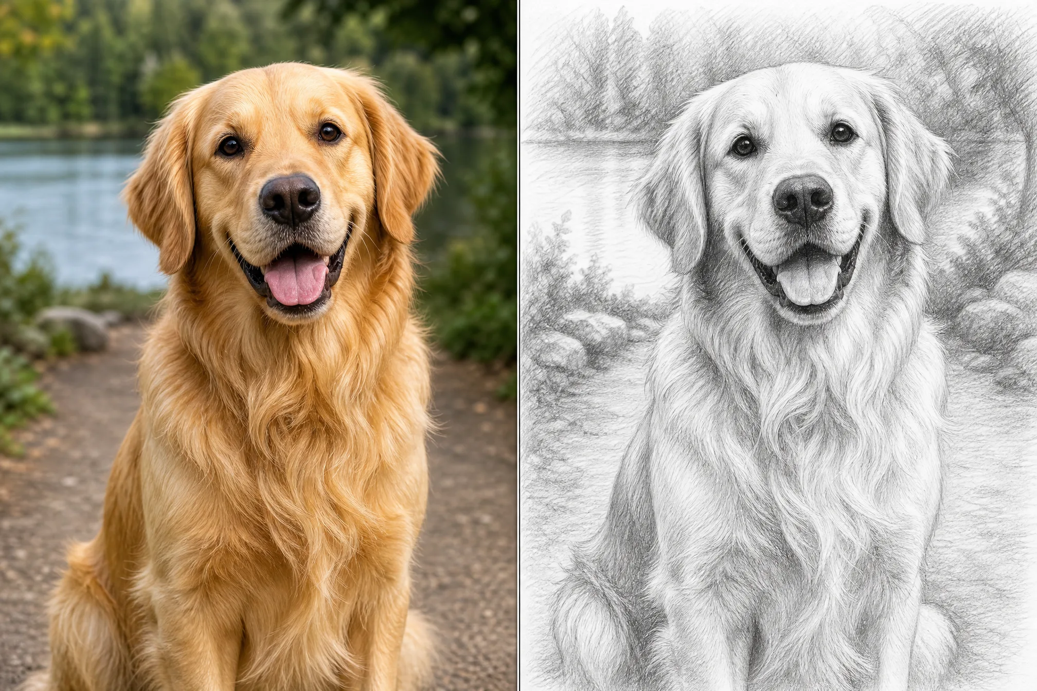 Before and after: a color photo on the left, its pencil sketch on the right