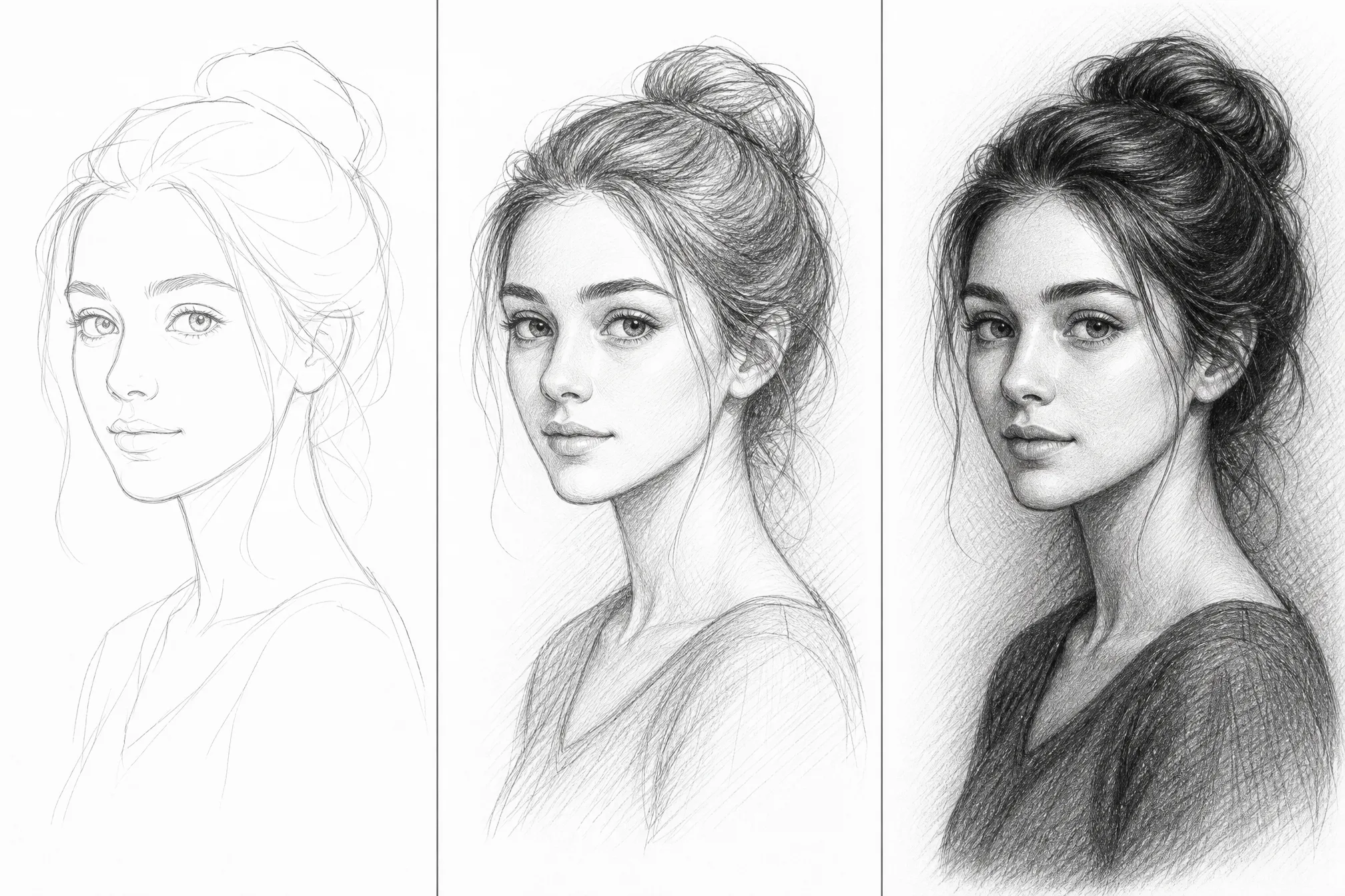 The same photo turned into a pencil sketch at light, medium, and dark shading levels