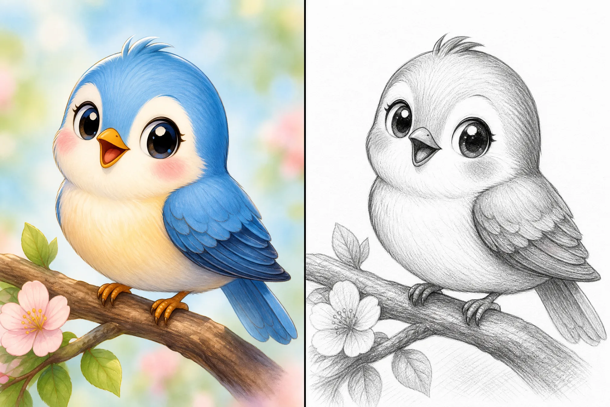 A bird photo turned into a hand-drawn charcoal sketch