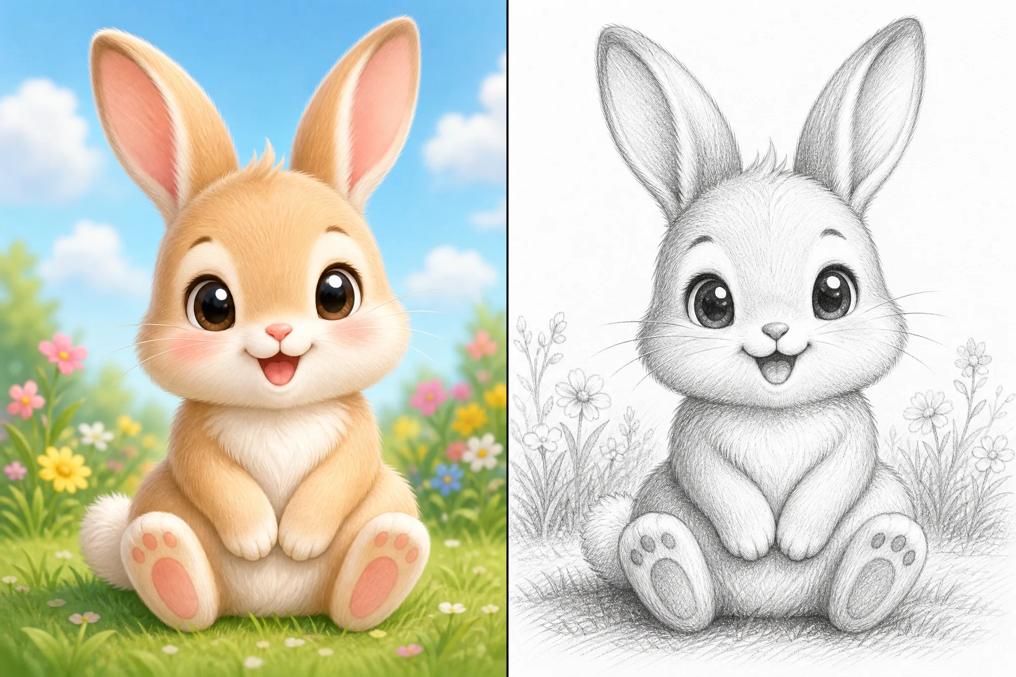 A bunny photo turned into a delicate pencil sketch