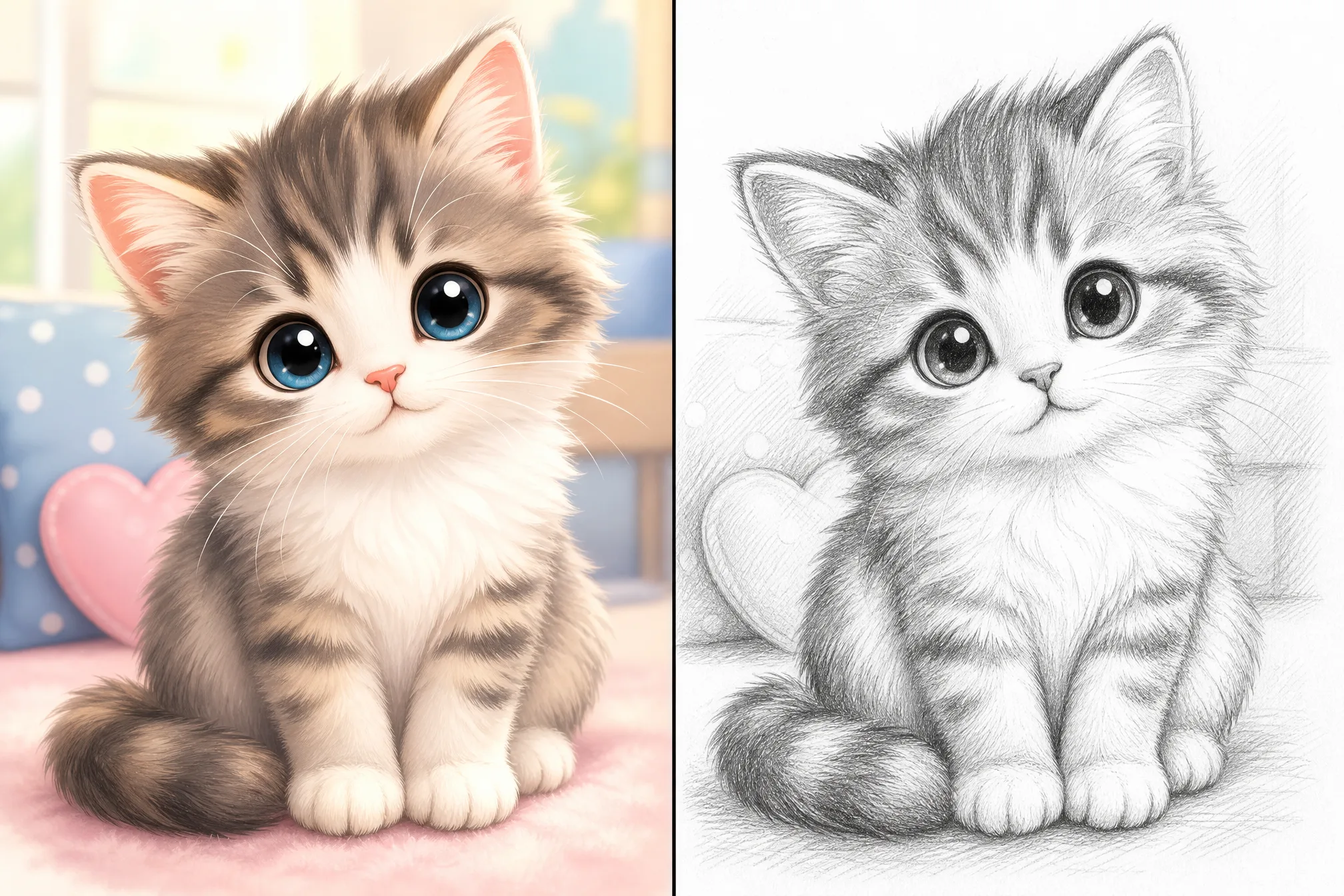 A kitten photo turned into a hand-drawn pencil sketch