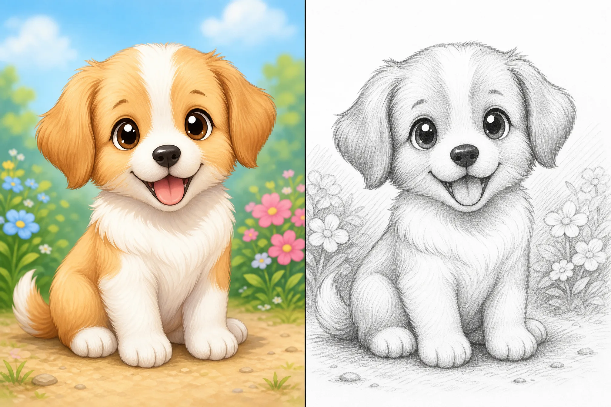 A puppy photo turned into a soft pencil sketch