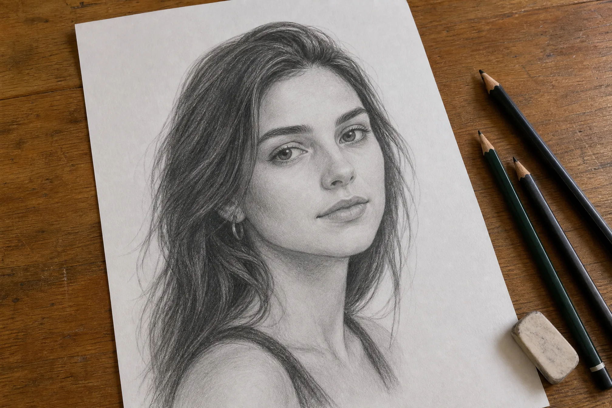 A printed pencil sketch of a photo on a desk beside a tablet
