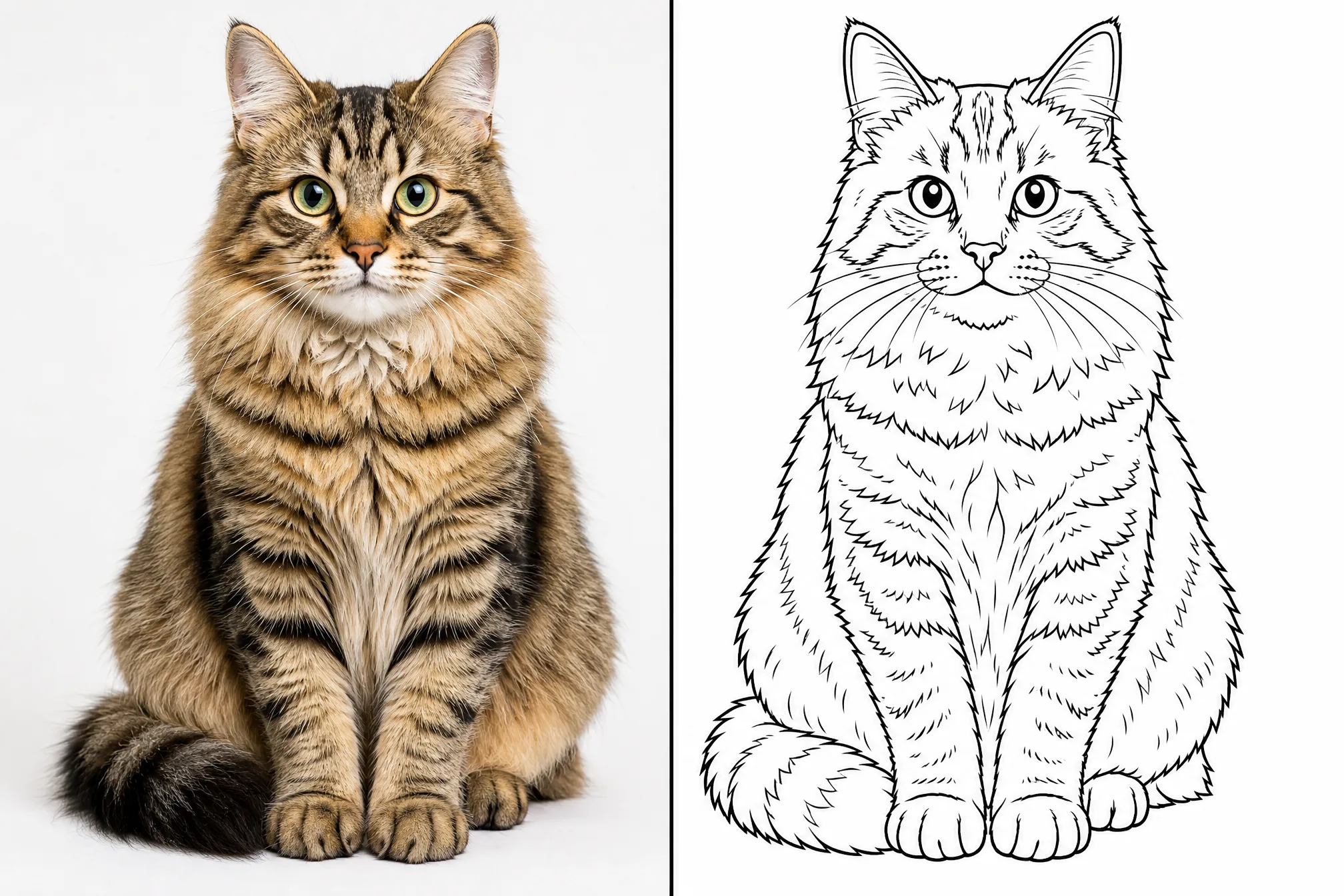Vorher und nachher: links ein Katzenbild, rechts sein Ausmalbild