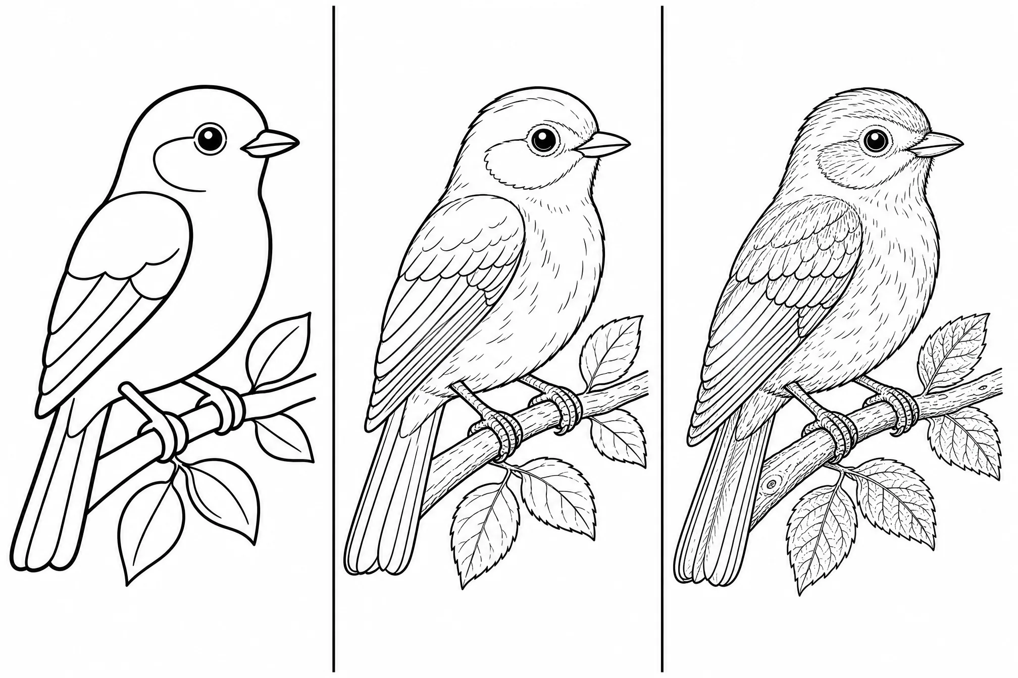 Derselbe Singvogel in niedrigem, mittlerem und hohem Detailgrad