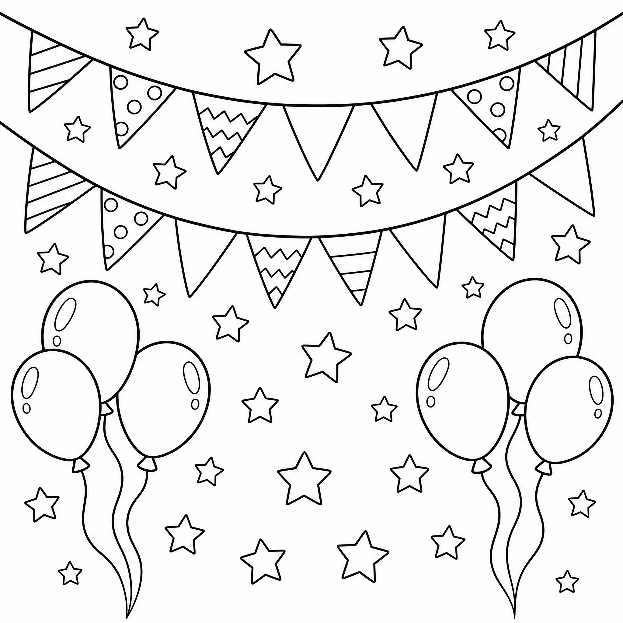 Ein Ausmalbild mit festlichen Wimpeln, Luftballons und Sternen