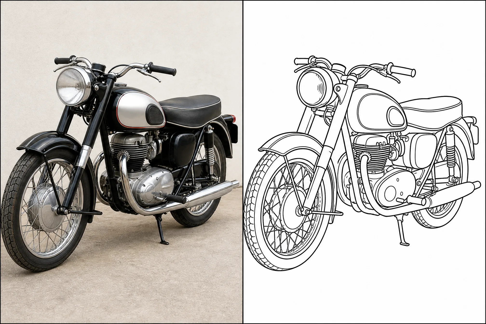 Before and after: a color picture on the left, its line art on the right