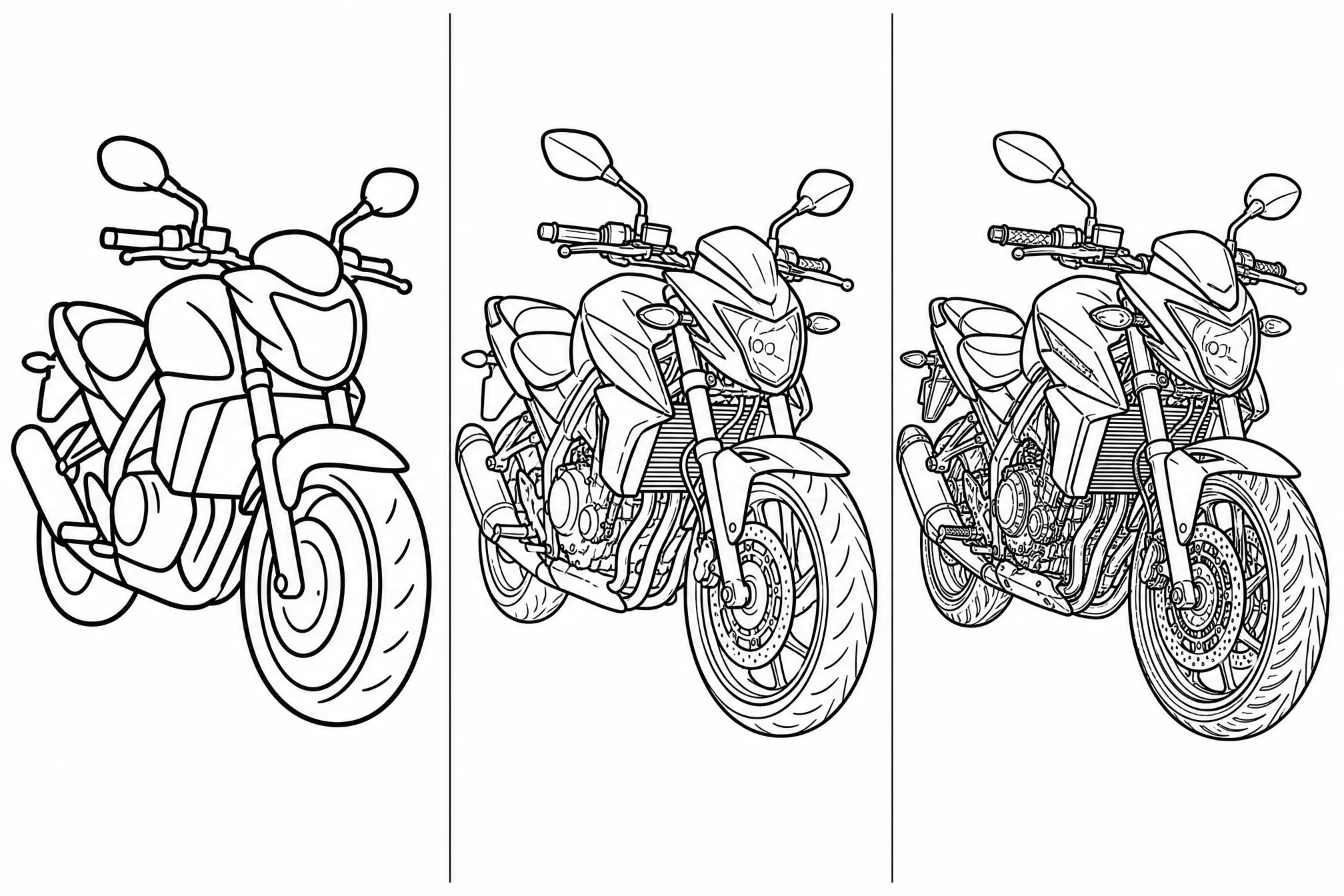 The same picture shown as line art at low, medium, and high detail levels