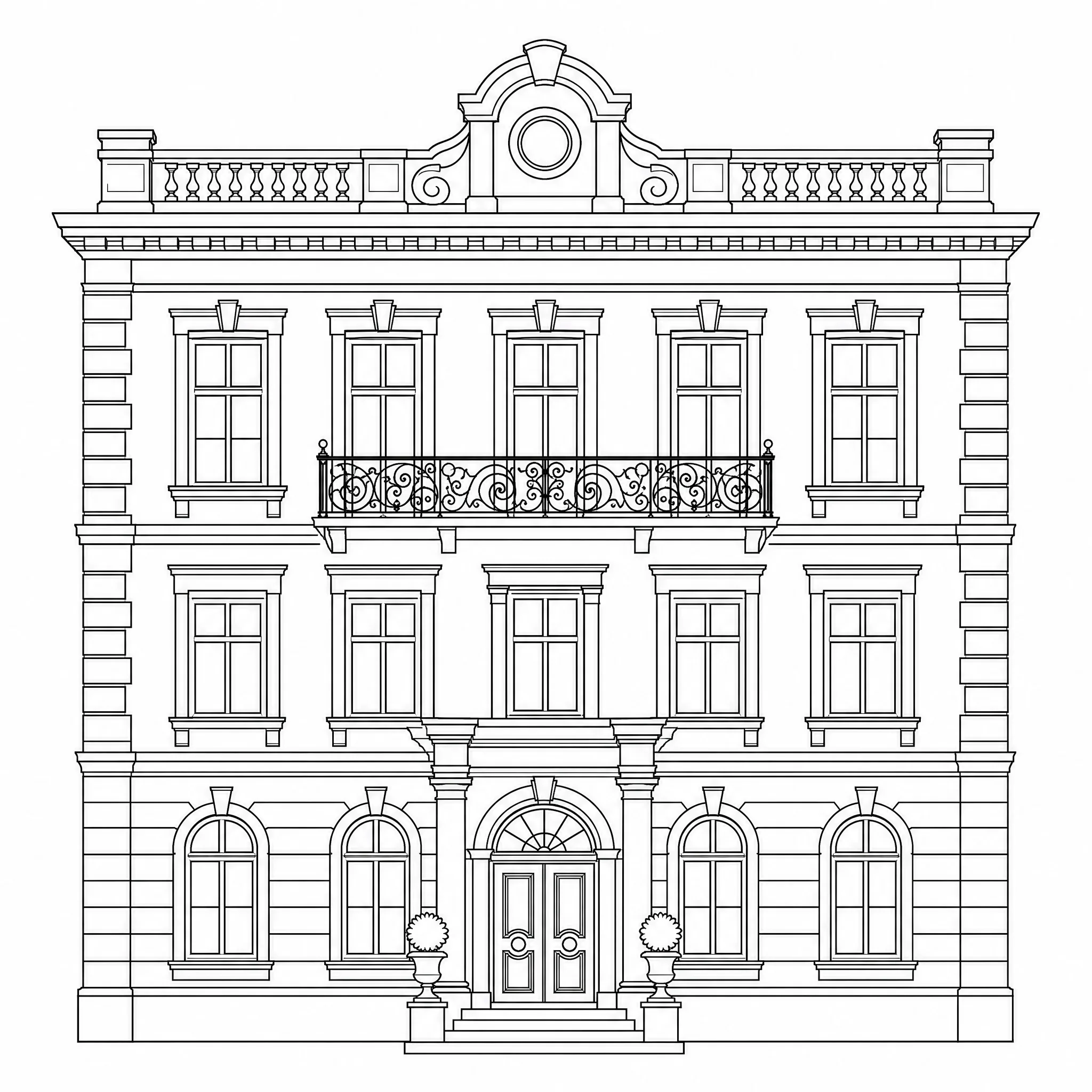 A picture of a building converted into an architectural line drawing