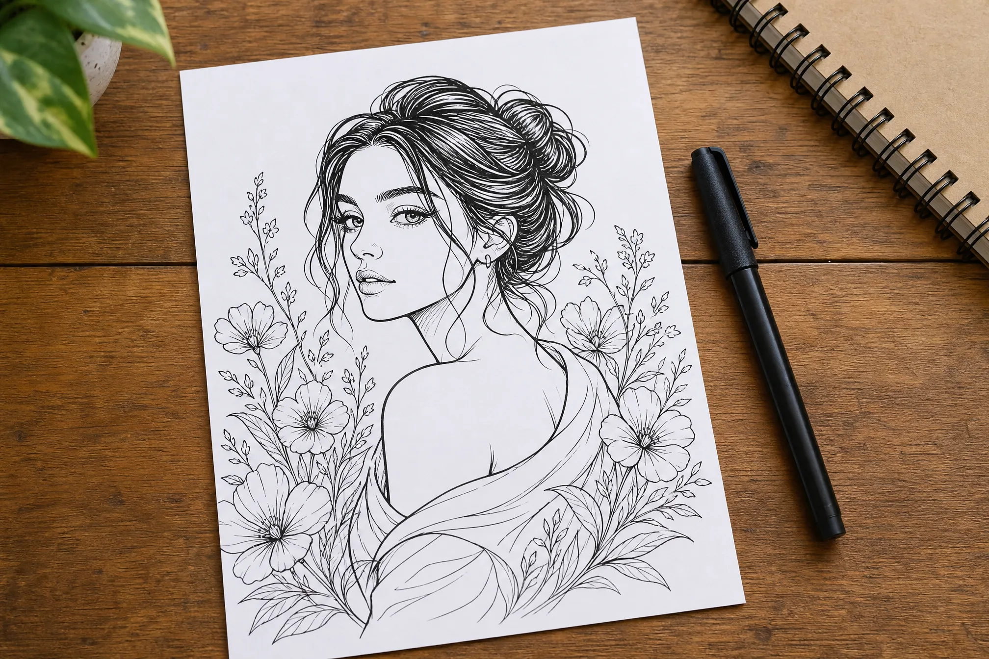 A printed line art drawing on a desk beside a pen and sketchbook
