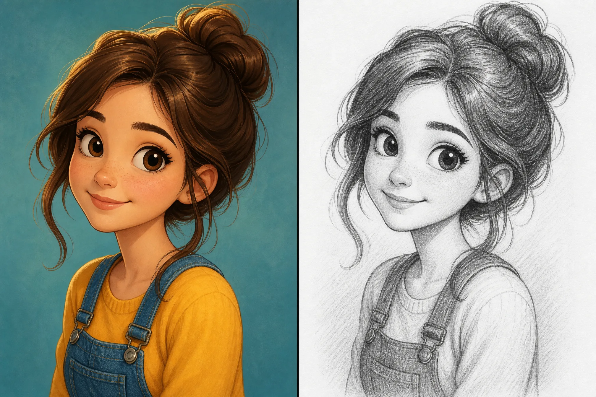 Before and after: a colorful cartoon picture on the left, its sketch on the right
