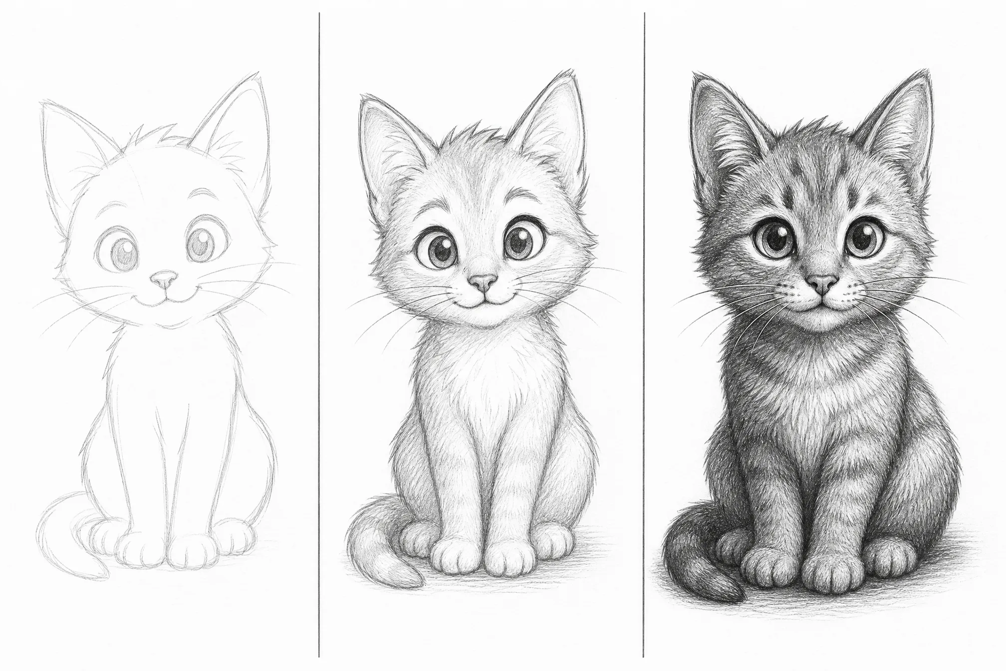 The same picture converted to a sketch at light, medium, and high detail levels