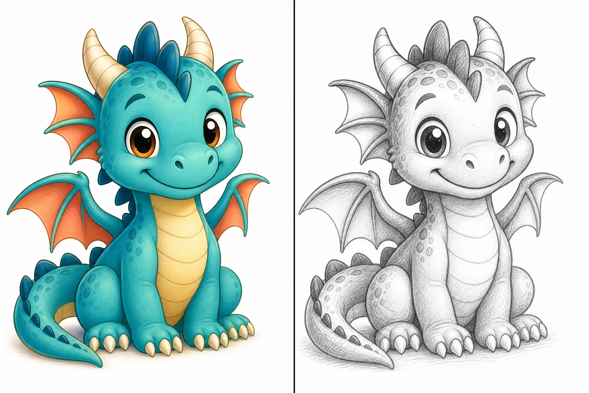 A friendly cartoon dragon picture converted into a sketch
