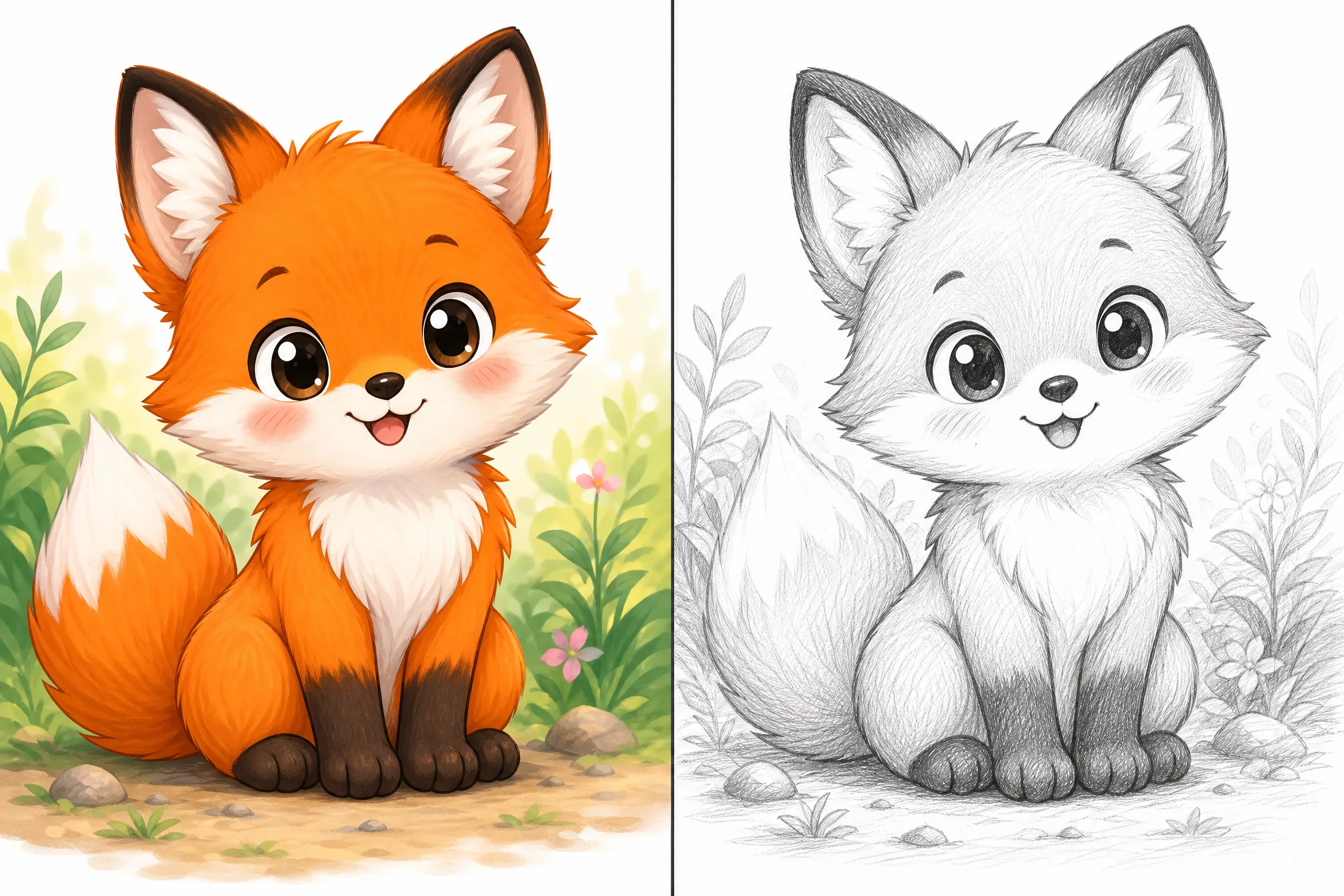 A cartoon fox picture converted into a hand-drawn cartoon sketch