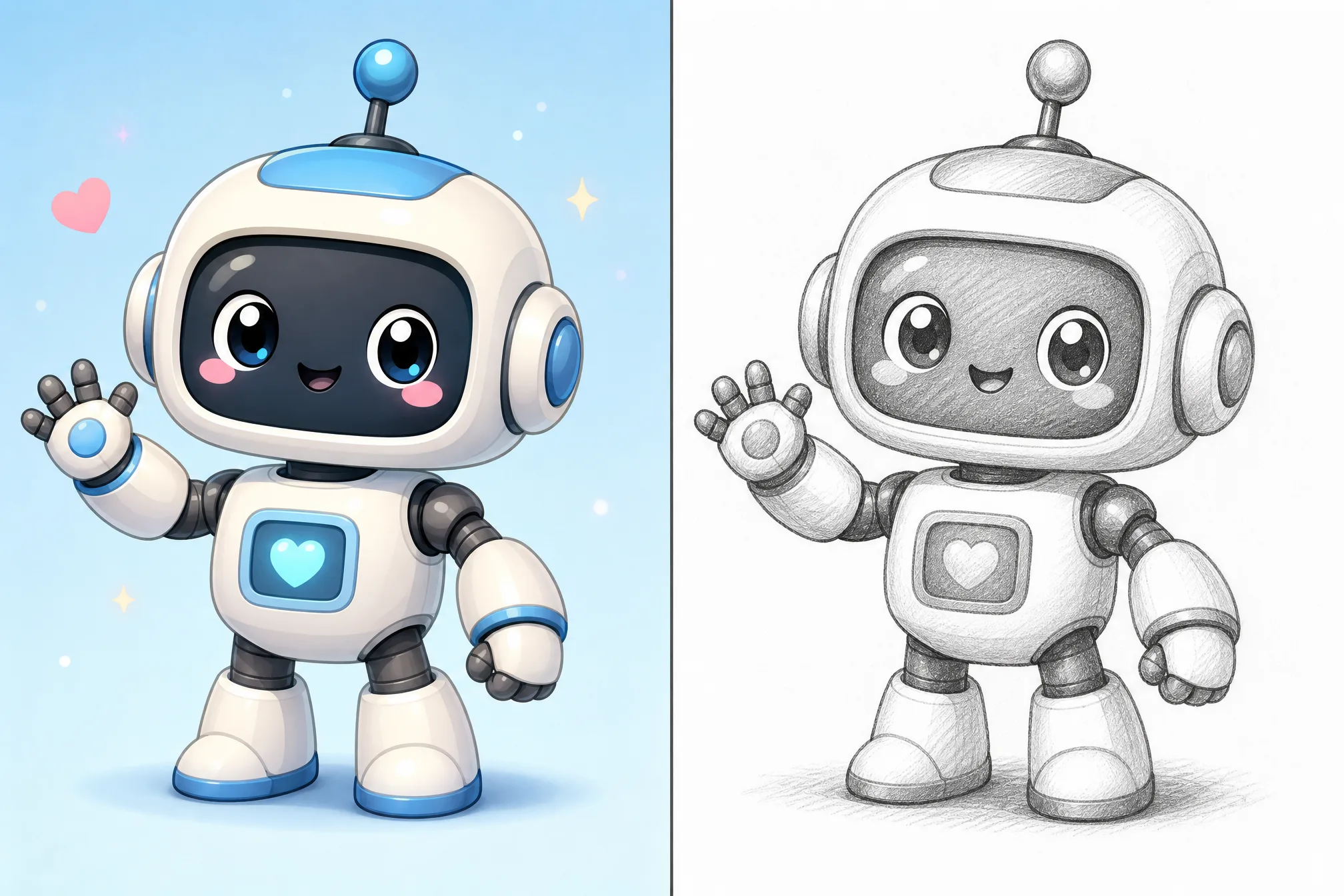 A cute robot character picture converted into a cartoon sketch