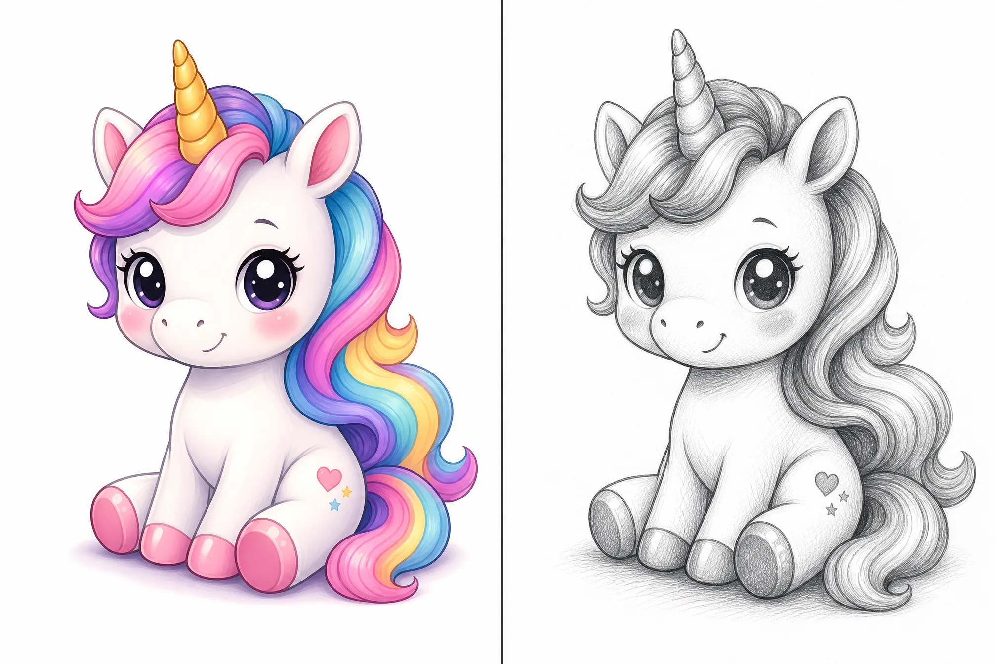 A cartoon unicorn picture converted into a hand-drawn sketch drawing