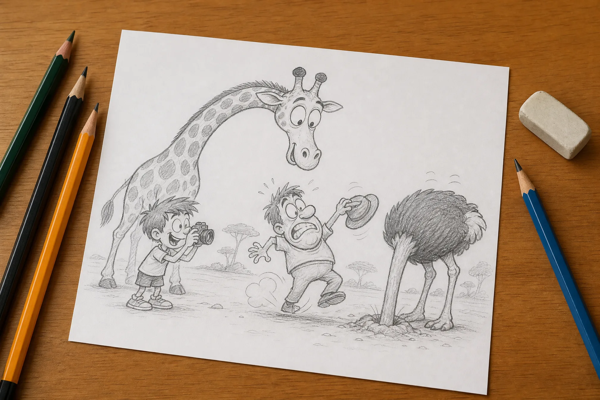 A printed sketch drawing on a desk beside a tablet