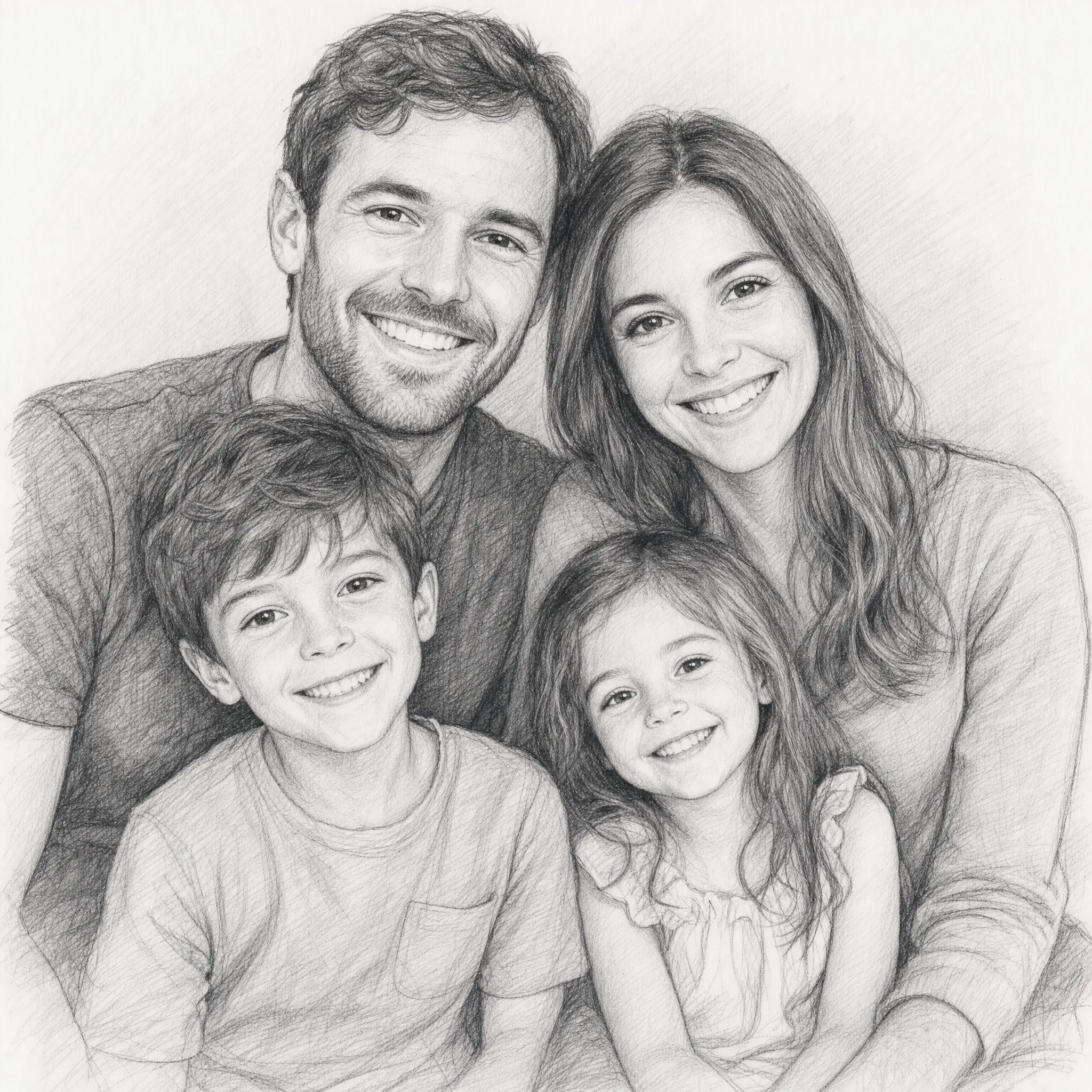 A cartoon-style family picture converted into a framed sketch