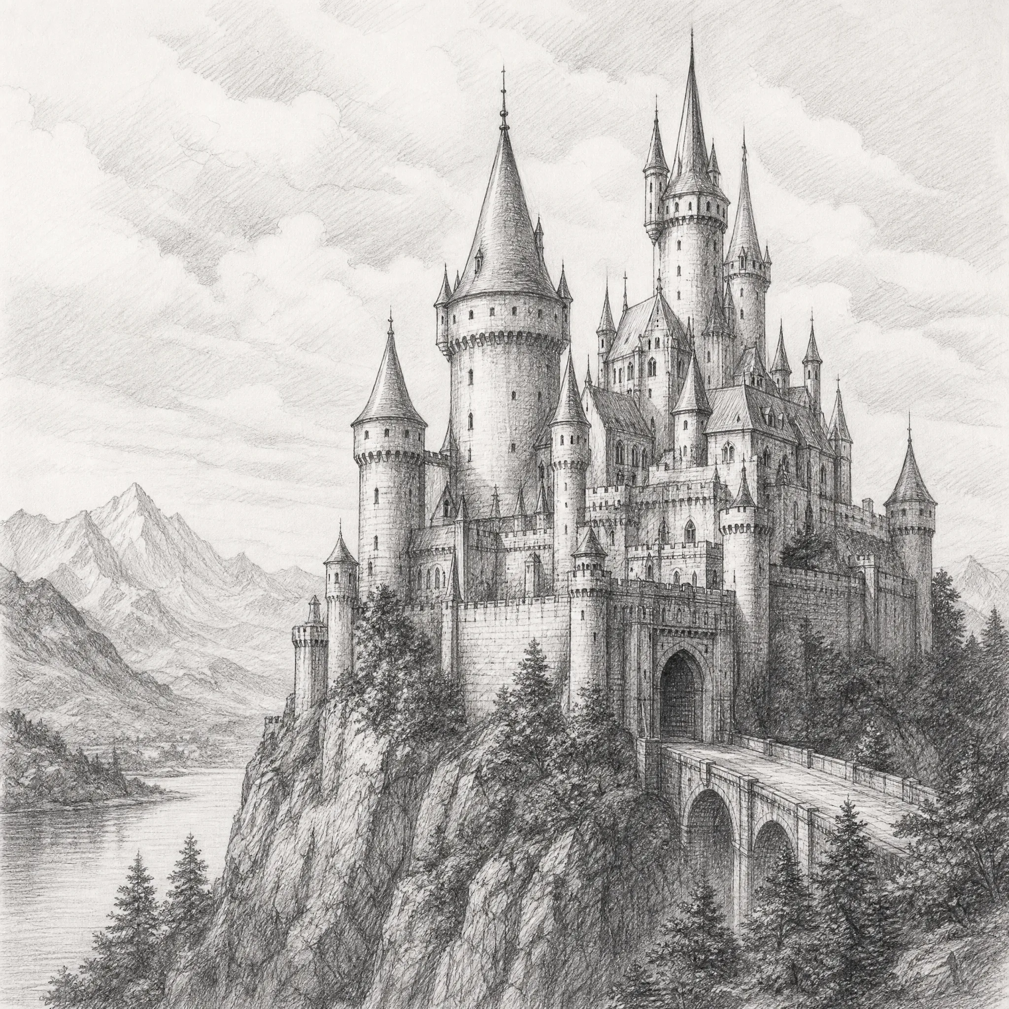 A pencil sketch of a castle on a hill generated from text
