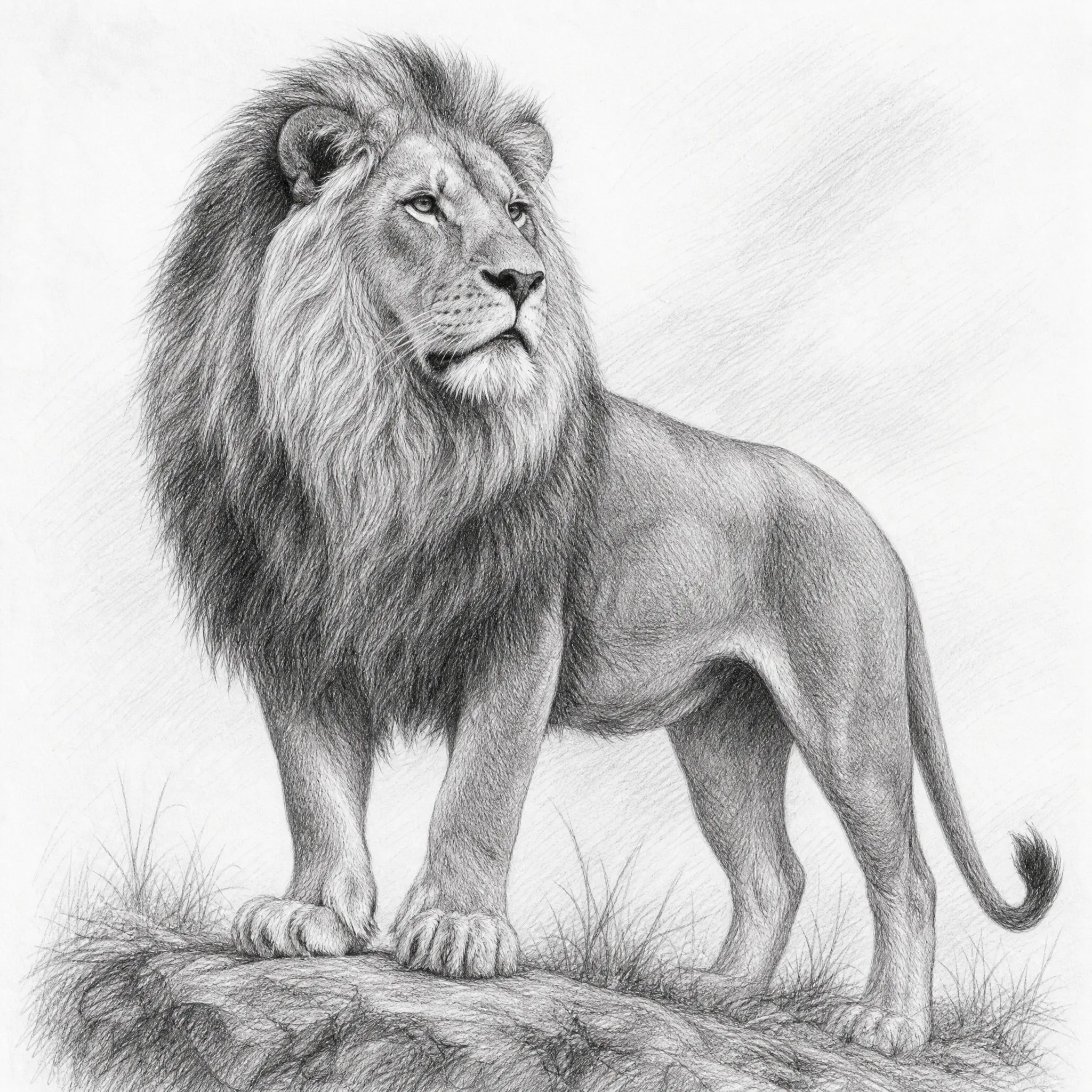 A detailed pencil sketch of a lion with graphite shading