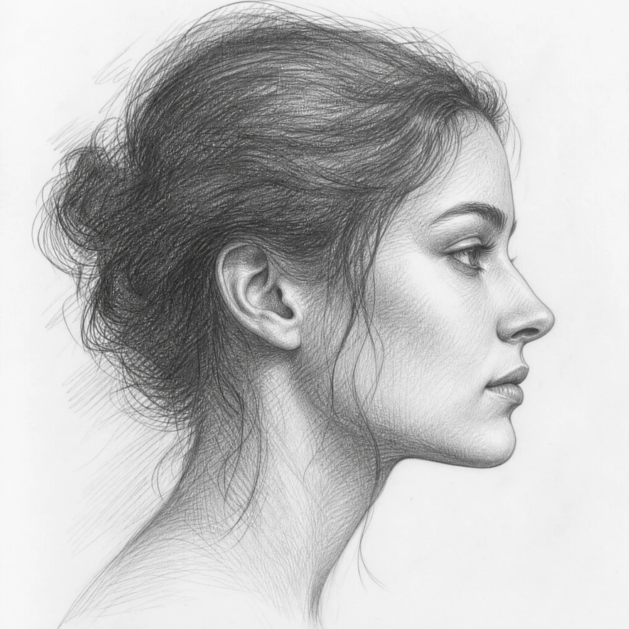 A pencil sketch portrait of a face in profile with soft shading