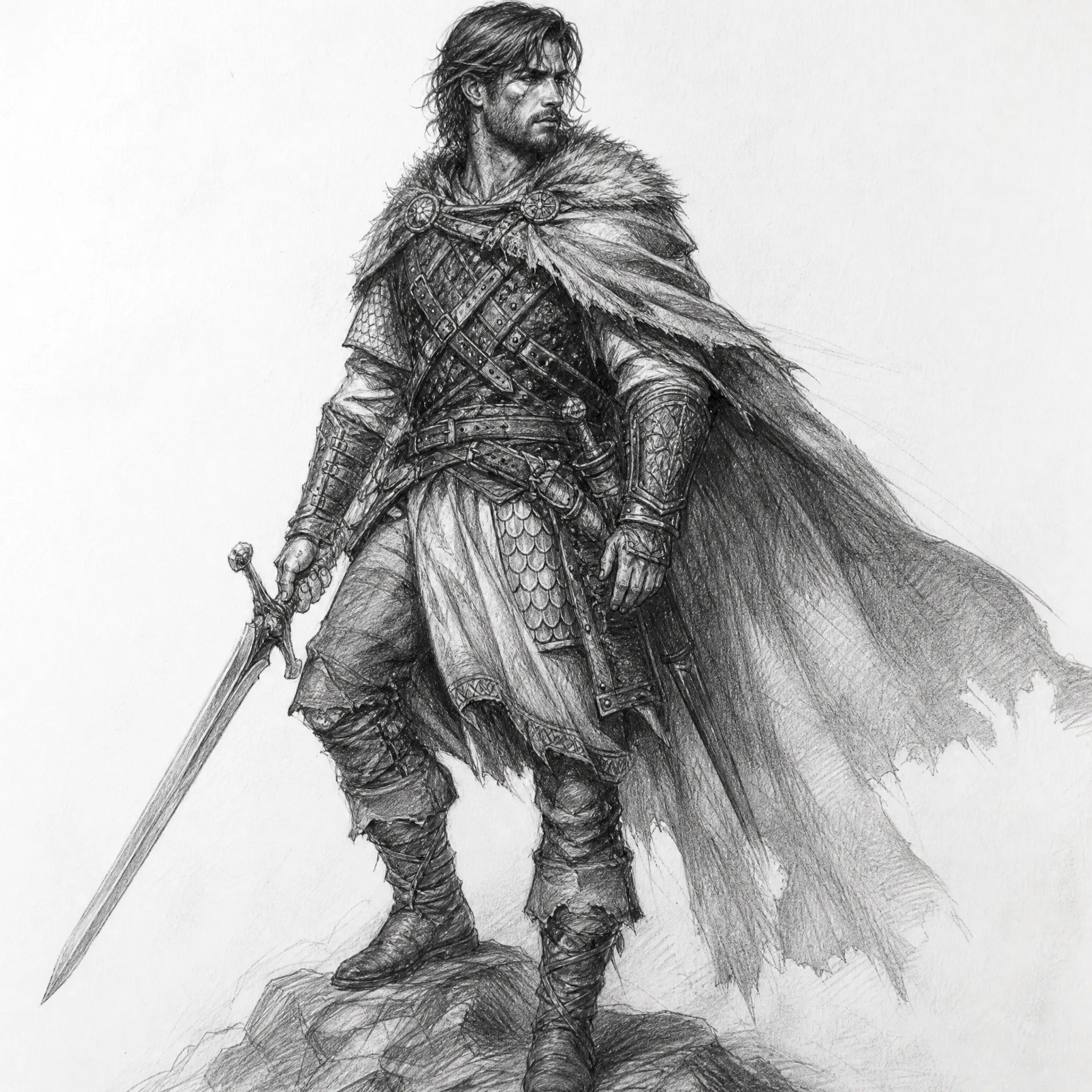 A dramatic pencil sketch of a lone warrior generated from a prompt
