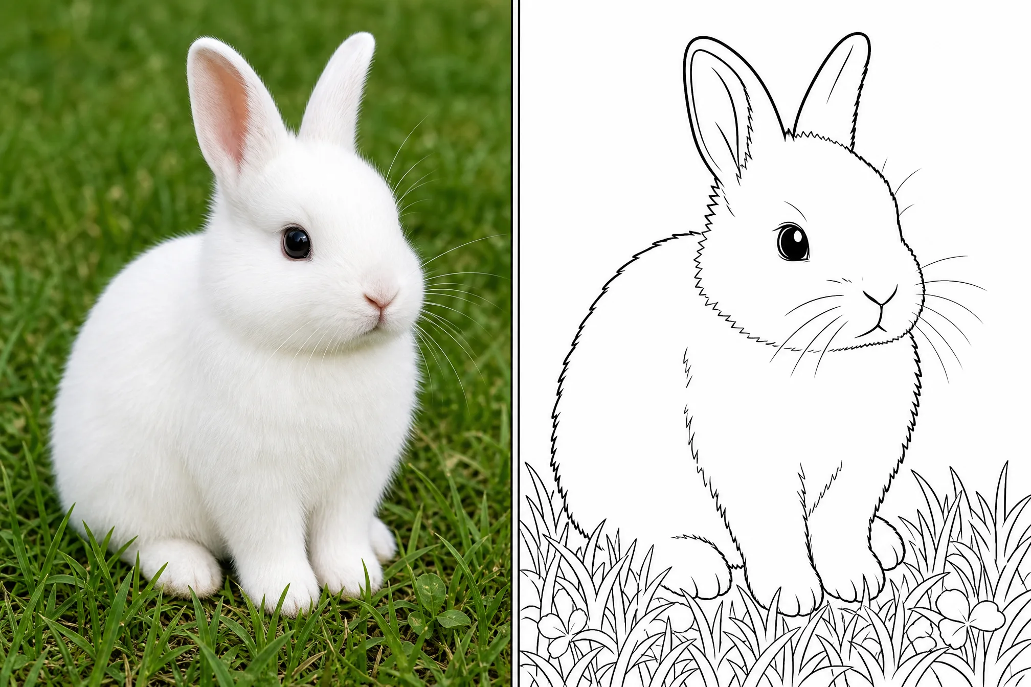 Avant / après : une photo de lapin à gauche, son coloriage à droite