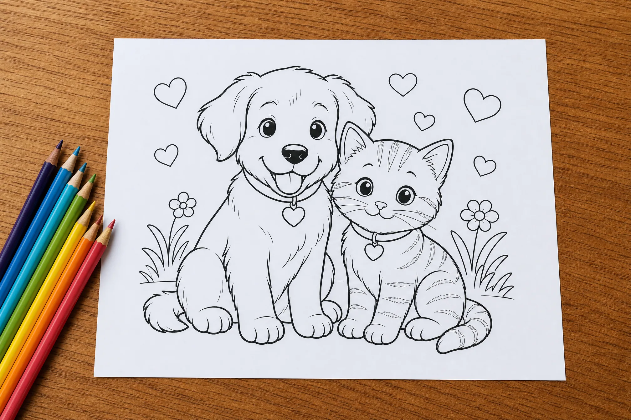 Un coloriage imprimé sur un bureau avec des crayons de couleur