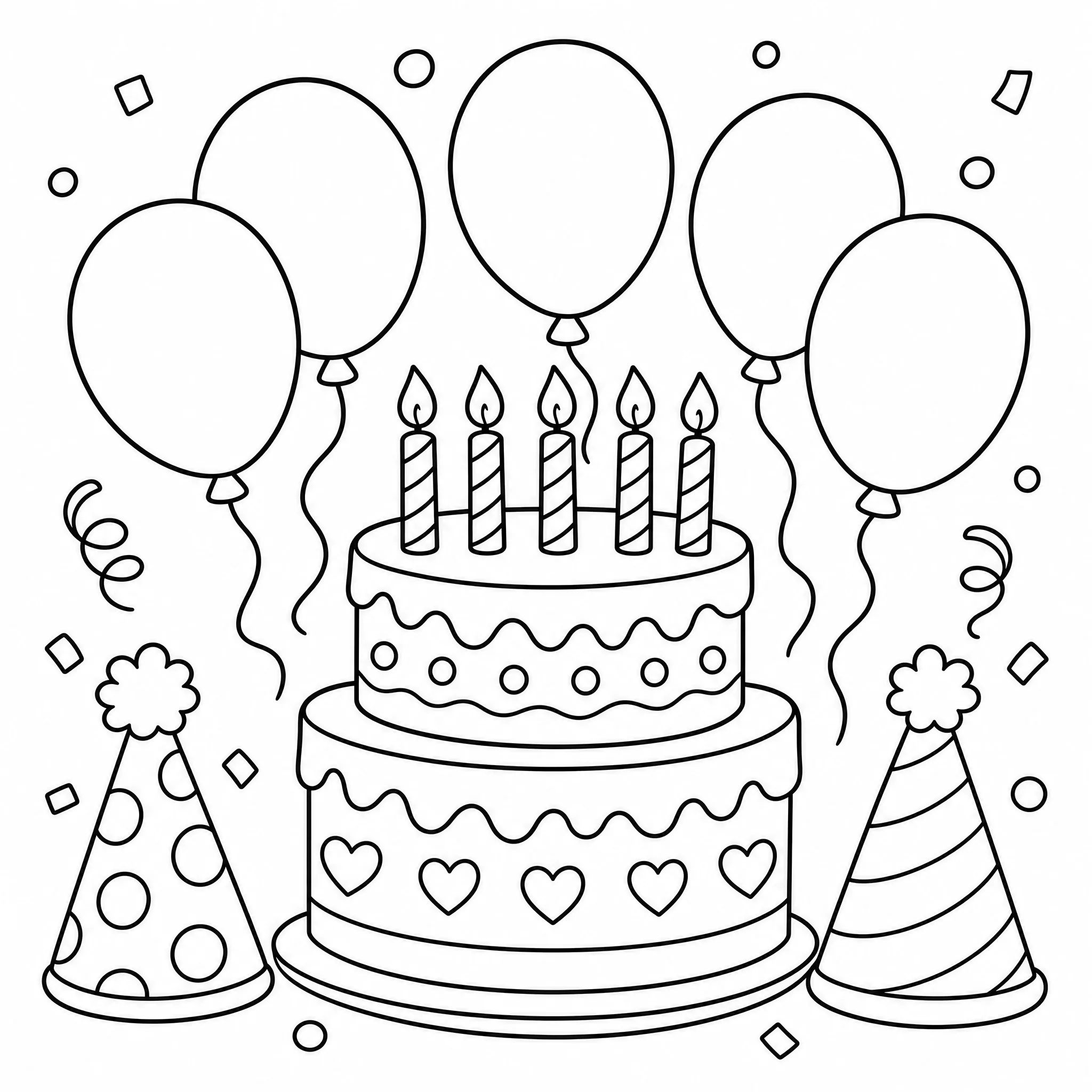 Un coloriage de gâteau d'anniversaire avec des ballons