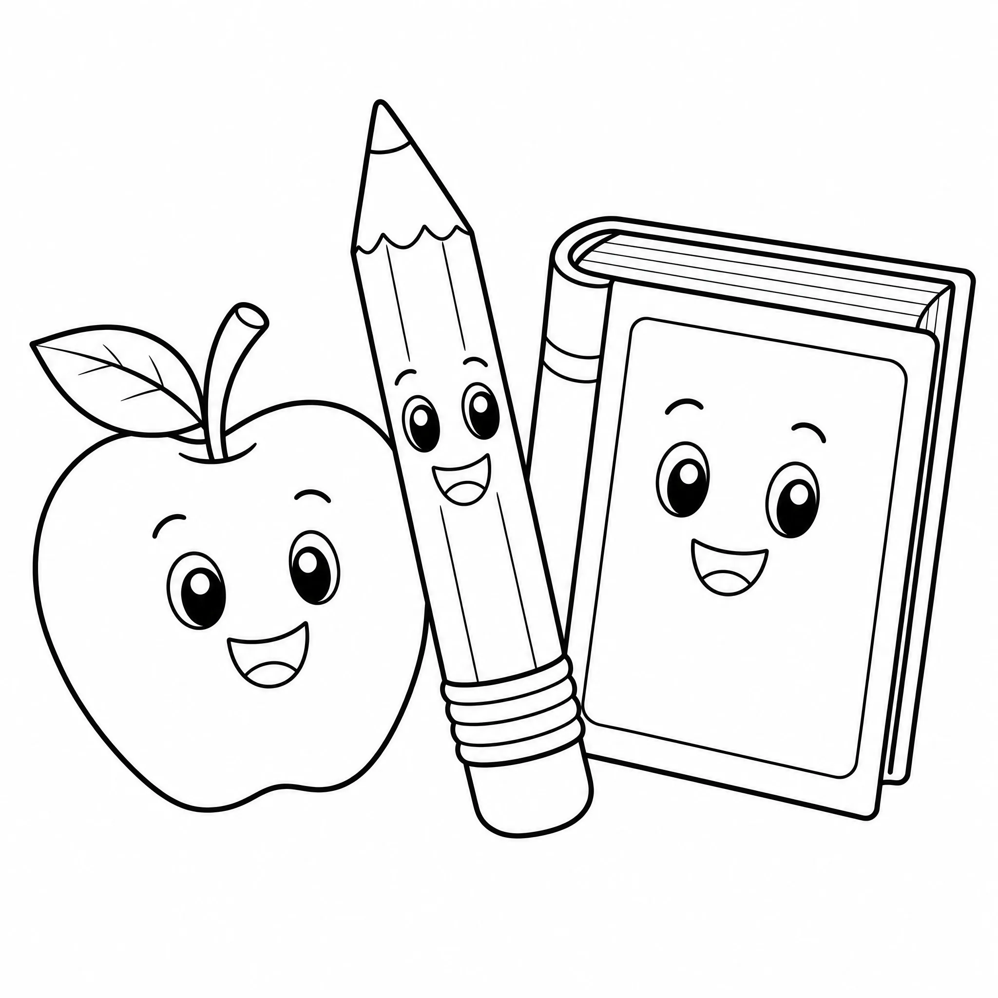 Une feuille de coloriage avec une pomme, un crayon et un livre pour la classe