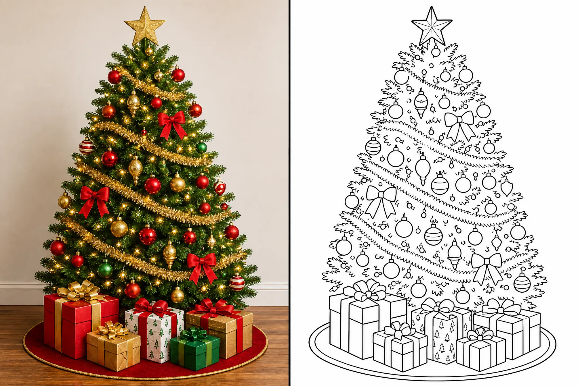 Vorher und nachher: links ein Weihnachtsbaum-Foto, rechts sein festliches Ausmalbild