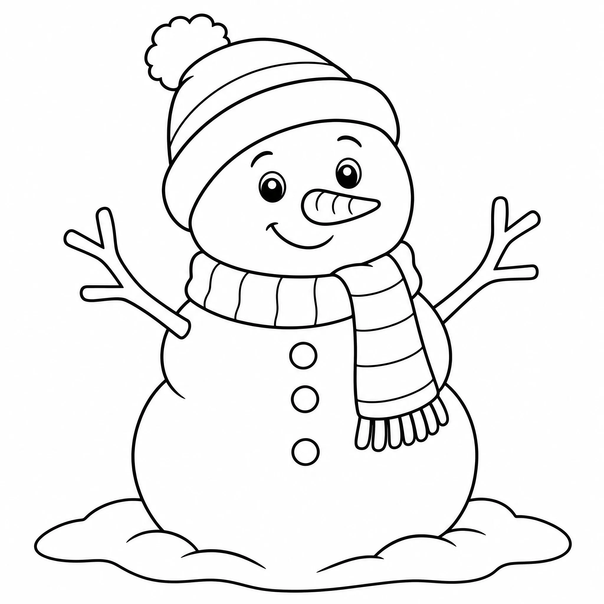 Ein Umriss-Ausmalbild eines freundlichen Schneemanns zu Weihnachten