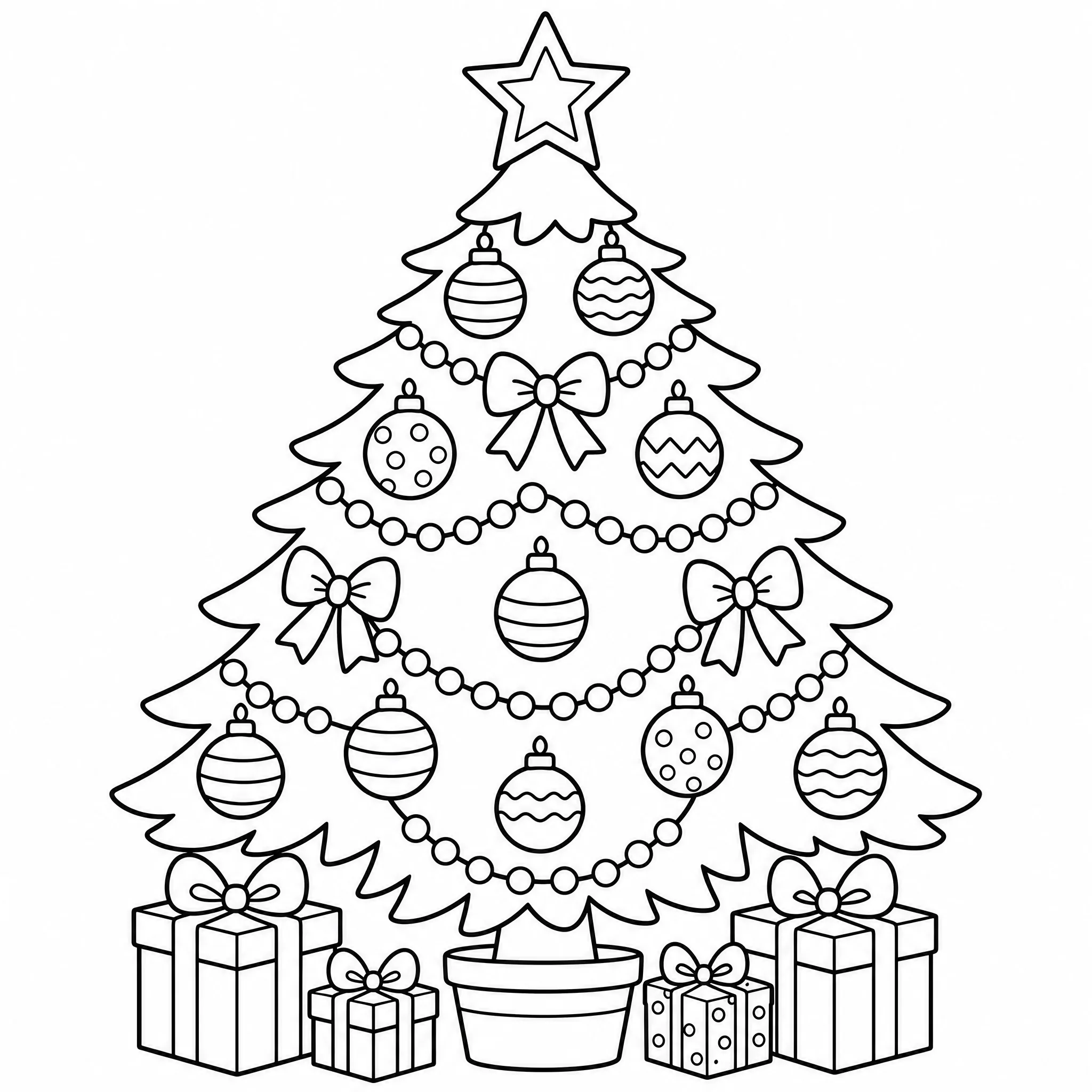 Ein Ausmalbild eines geschmückten Weihnachtsbaums zum Drucken und Ausmalen