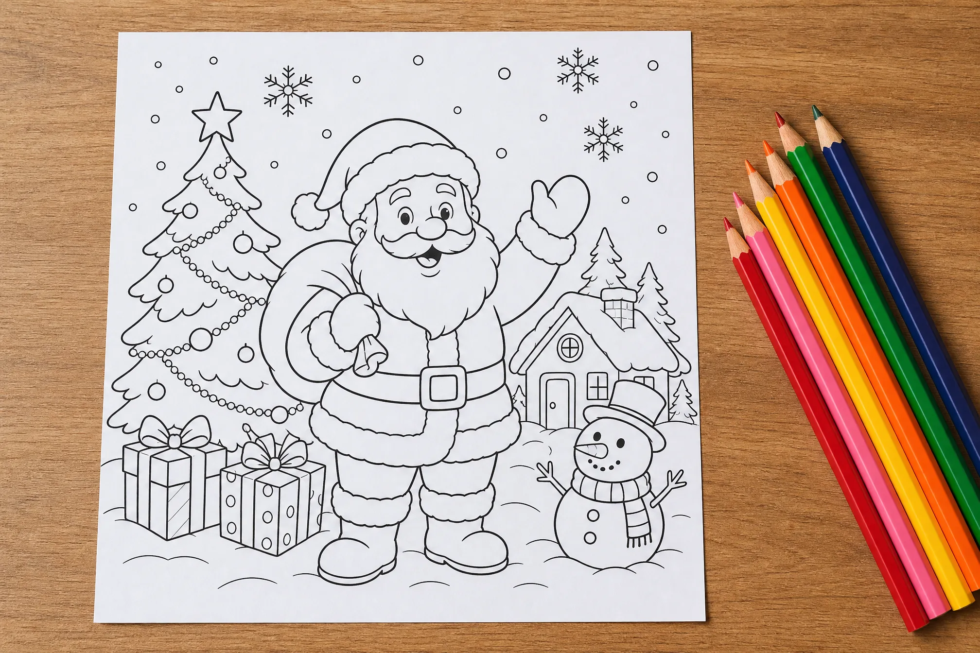 Ein gedrucktes Weihnachts-Ausmalbild auf einem Schreibtisch mit Buntstiften