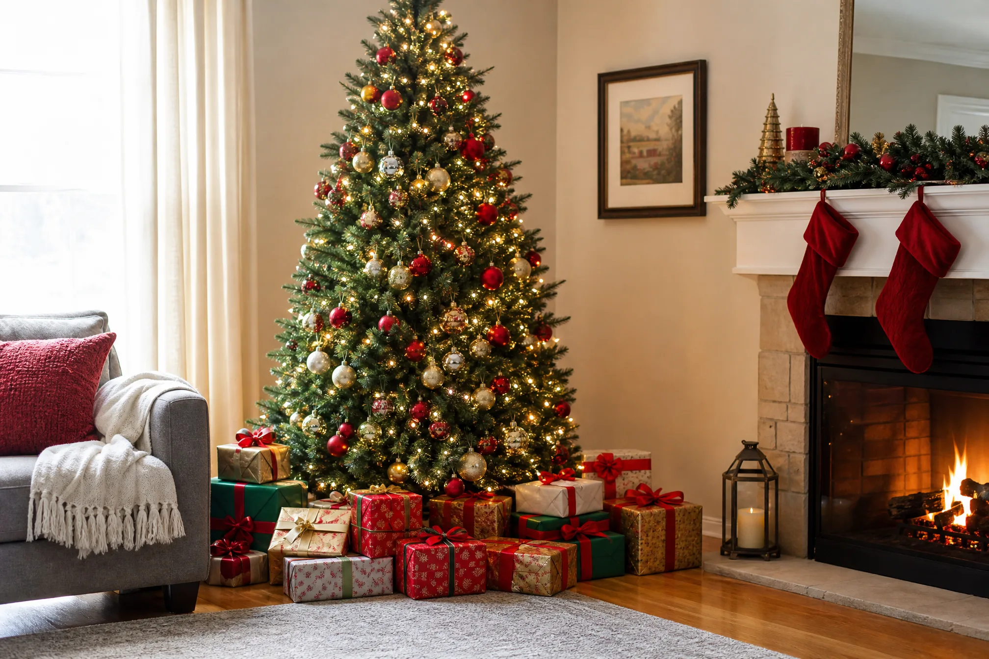 Ein Farbfoto eines geschmückten Weihnachtsbaums mit Geschenken, bereit zum Hochladen
