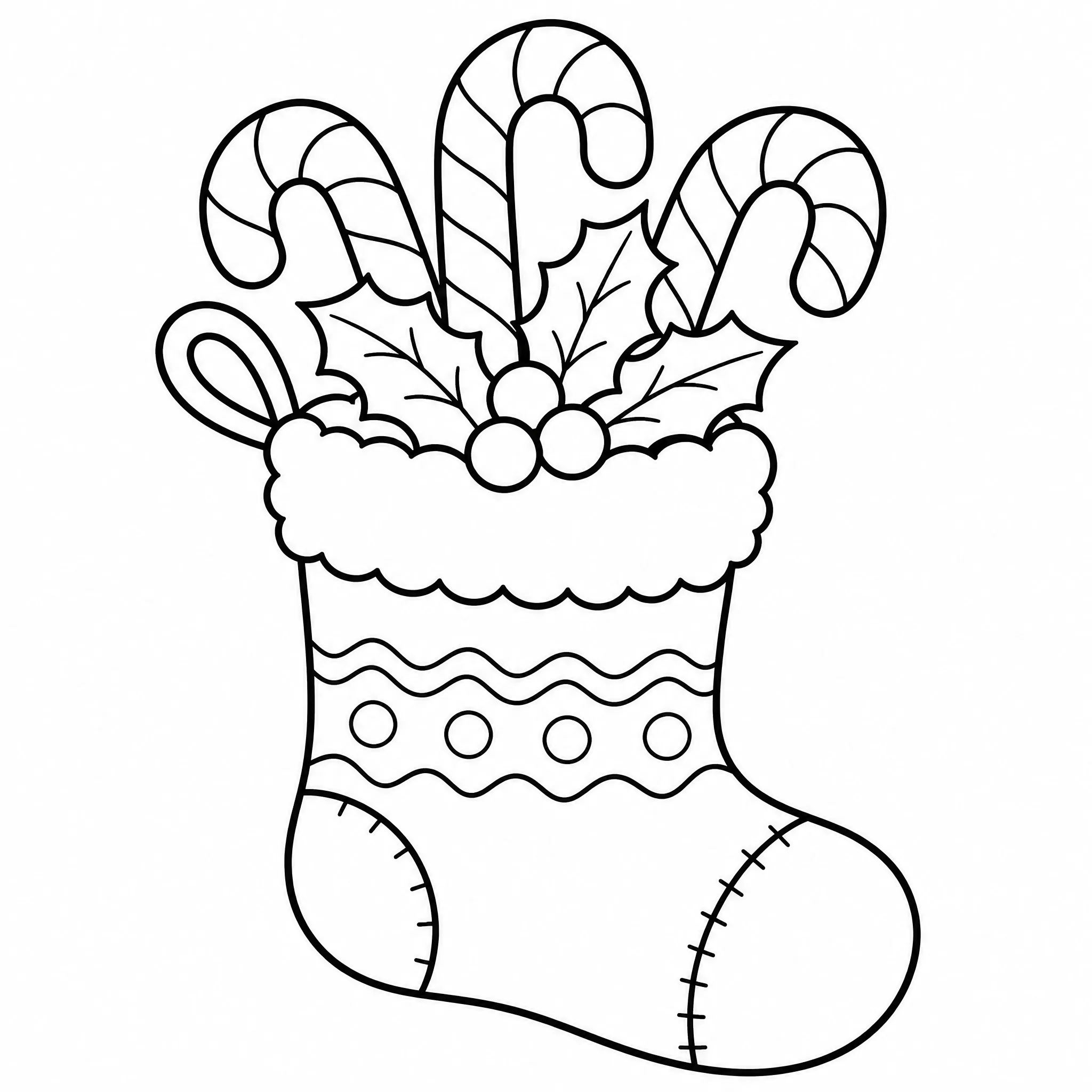 Ein Ausmalbild eines Weihnachtsstrumpfs mit Zuckerstangen